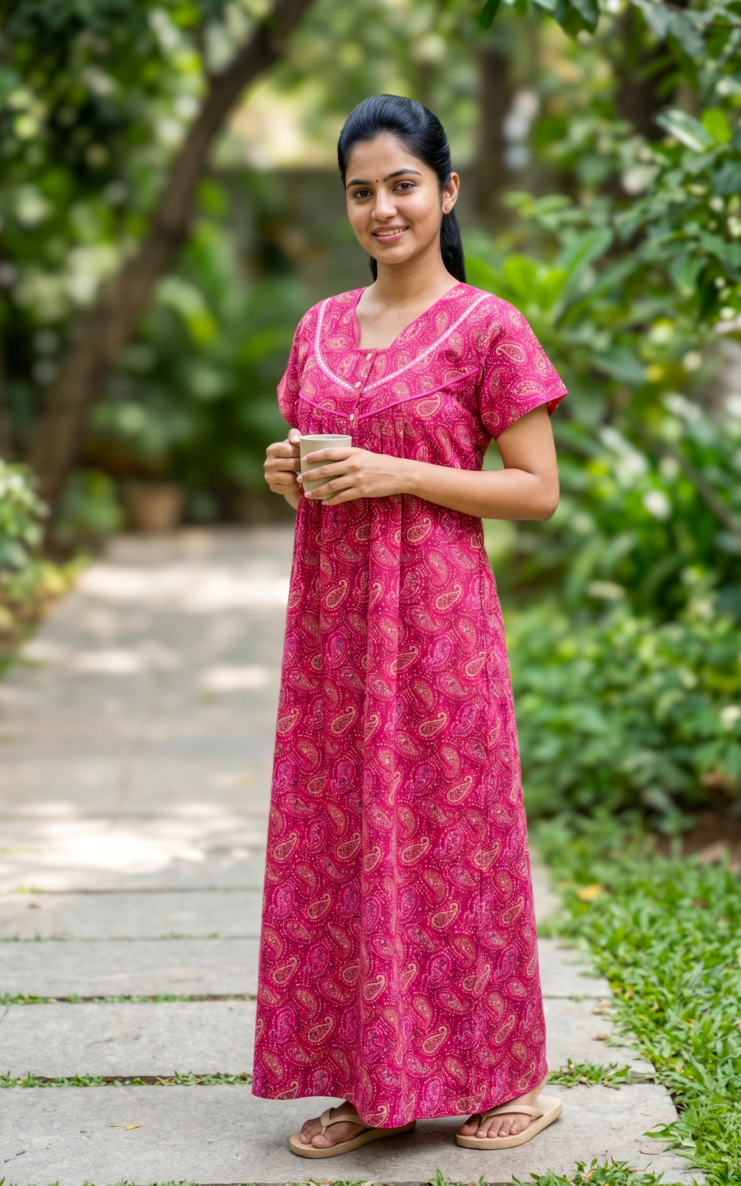 Instore - Pink Floral Print Cotton Long Nighty with Side Pocket, Relaxed Fit, Women's Sleepwear