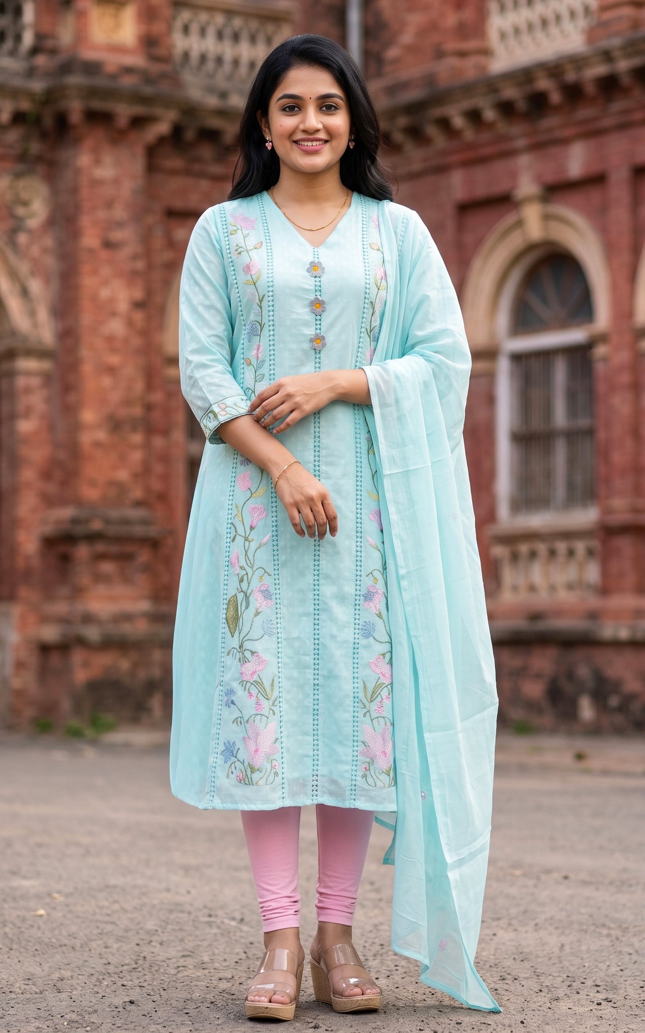 Light Sky Blue Cotton Anarkali Kurti with Cotton Dupatta for Women