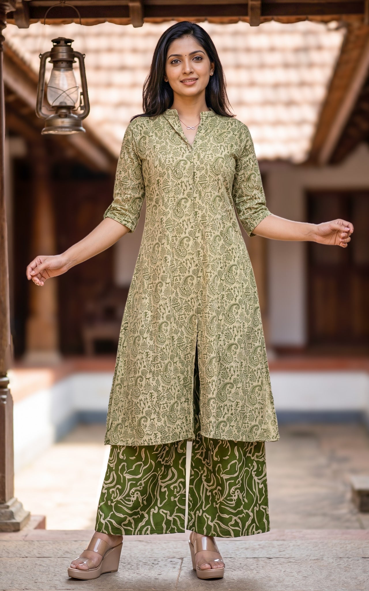 Mehandi Green and Beige Cotton Flex Casual Wear Kurti Set for Women