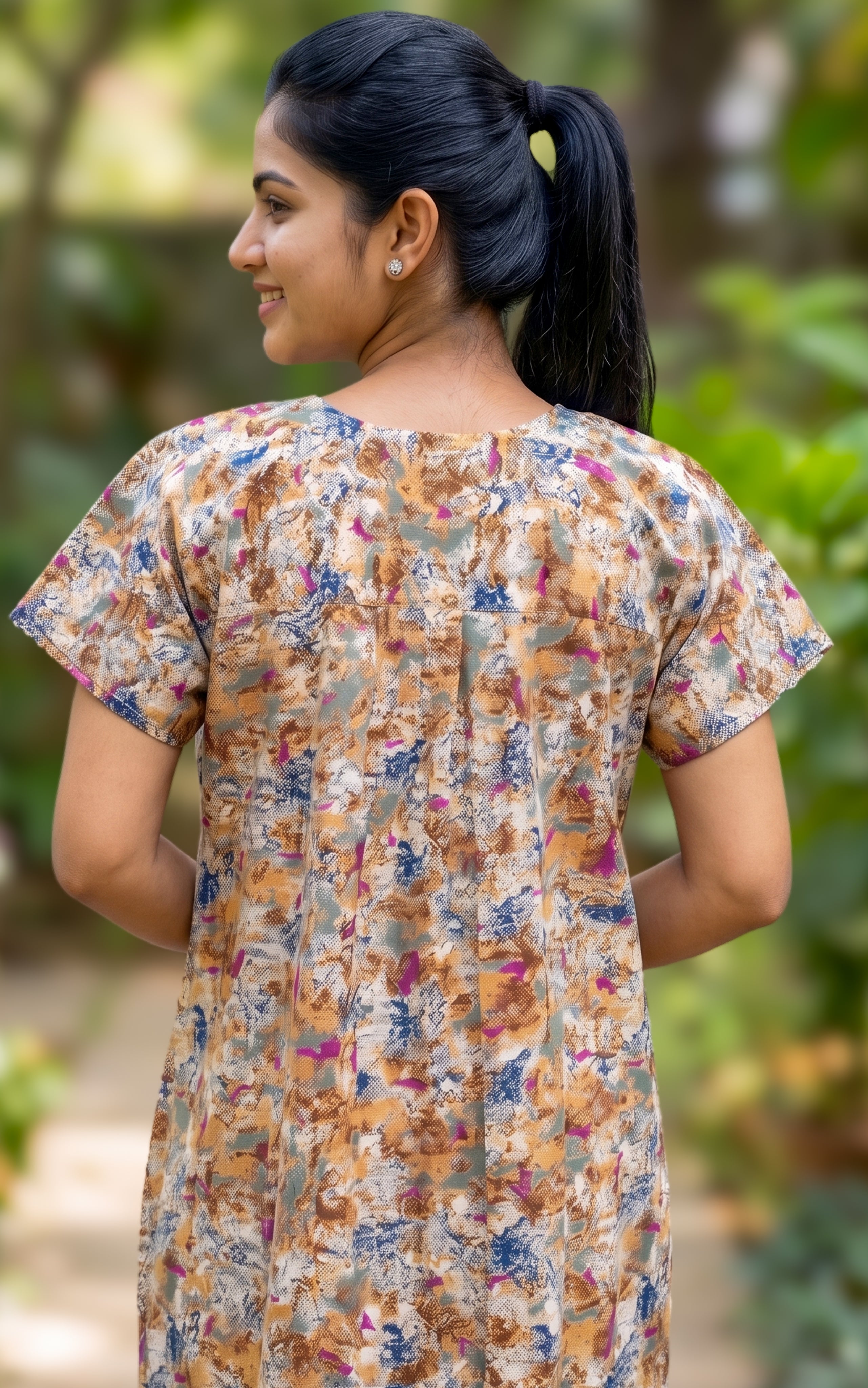 Instore - Multicolor Abstract Floral Print Cotton Long Nighty with Embroidery Yoke, Side Pocket, Relaxed Fit, Women's Sleepwear