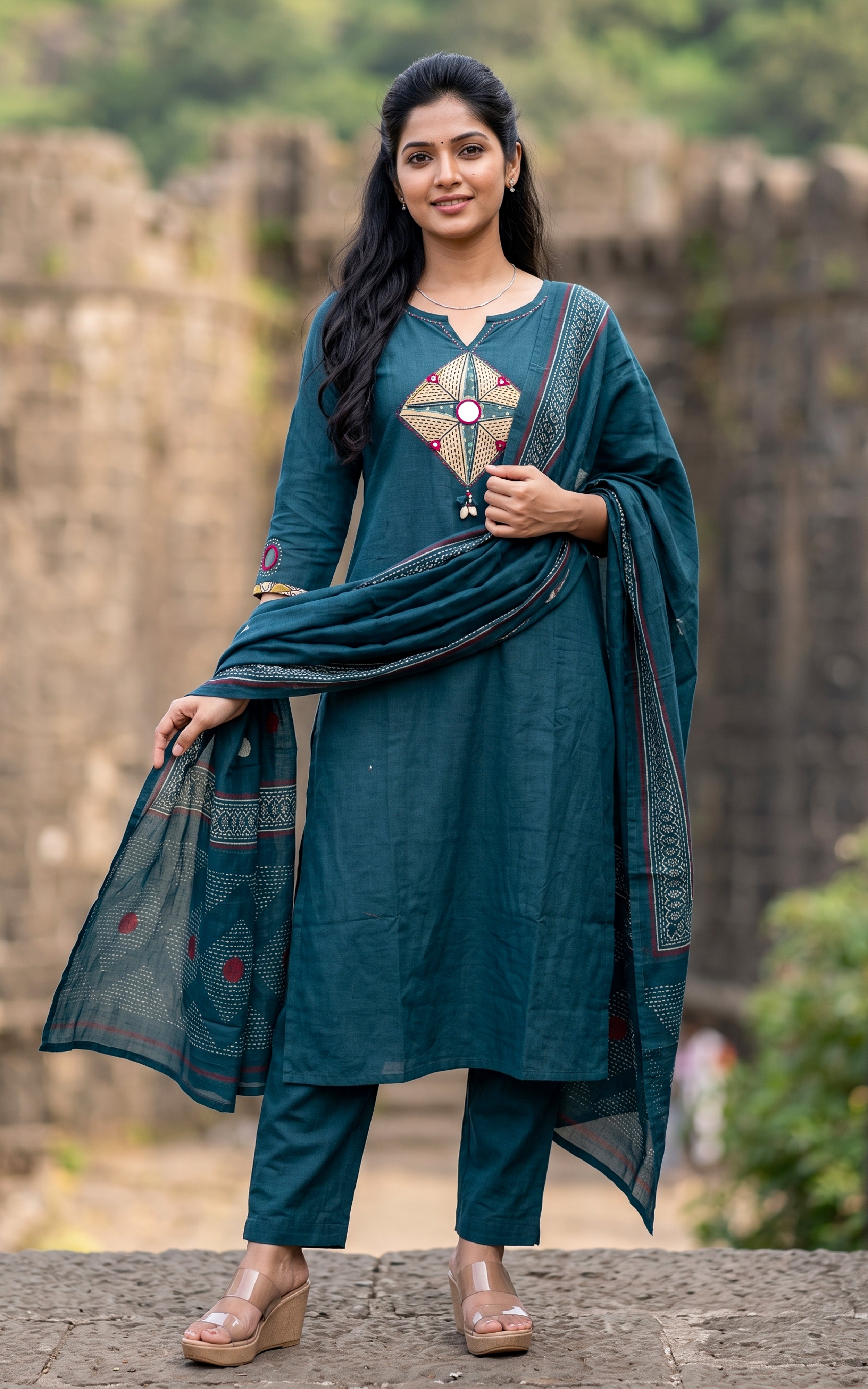 Peacock Blue Cotton Ethnic Wear Kurti Set for Women