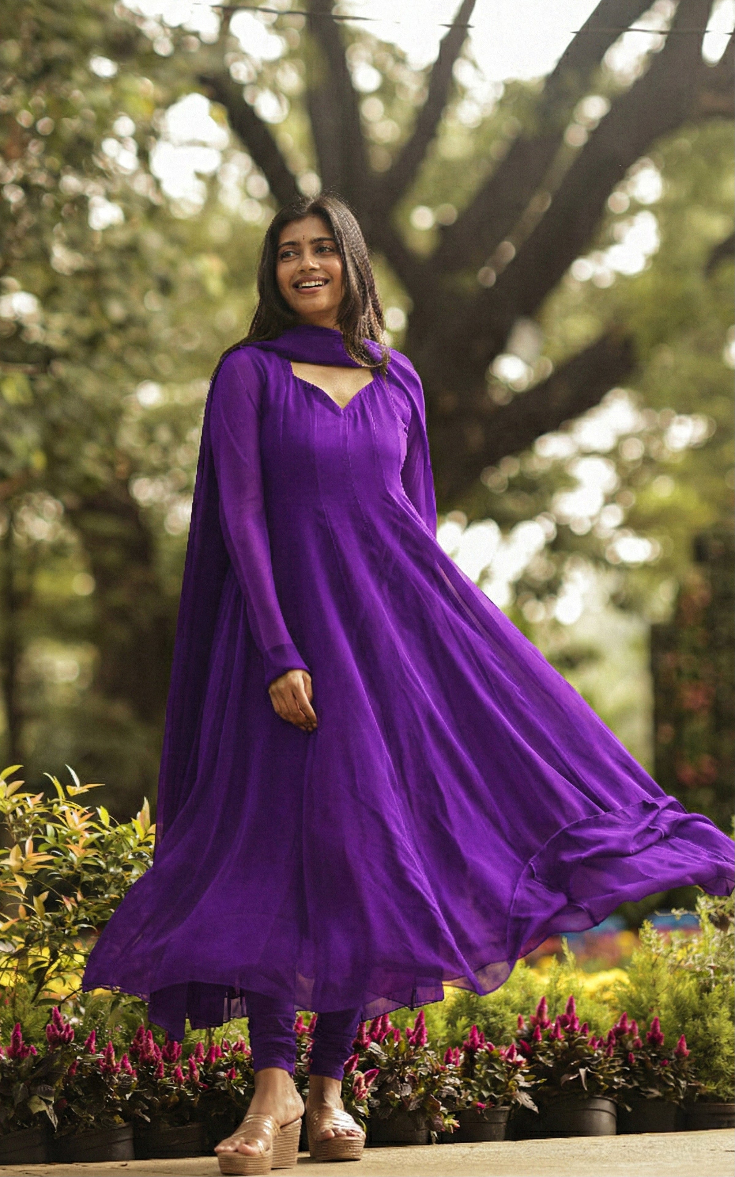 Violet georgette full flared anarkali kurti with dupatta for women