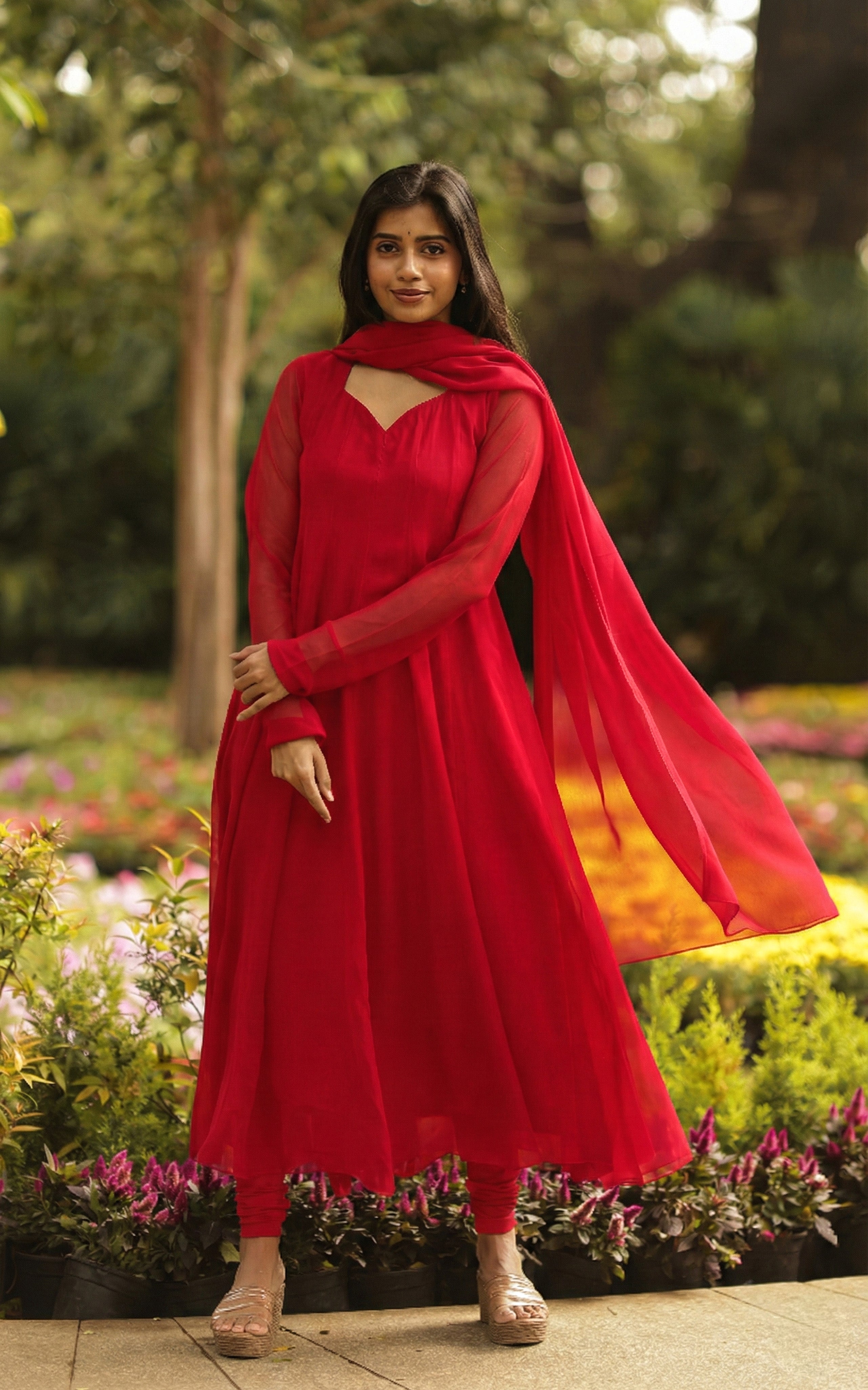 Red georgette full flared anarkali kurti with dupatta for women