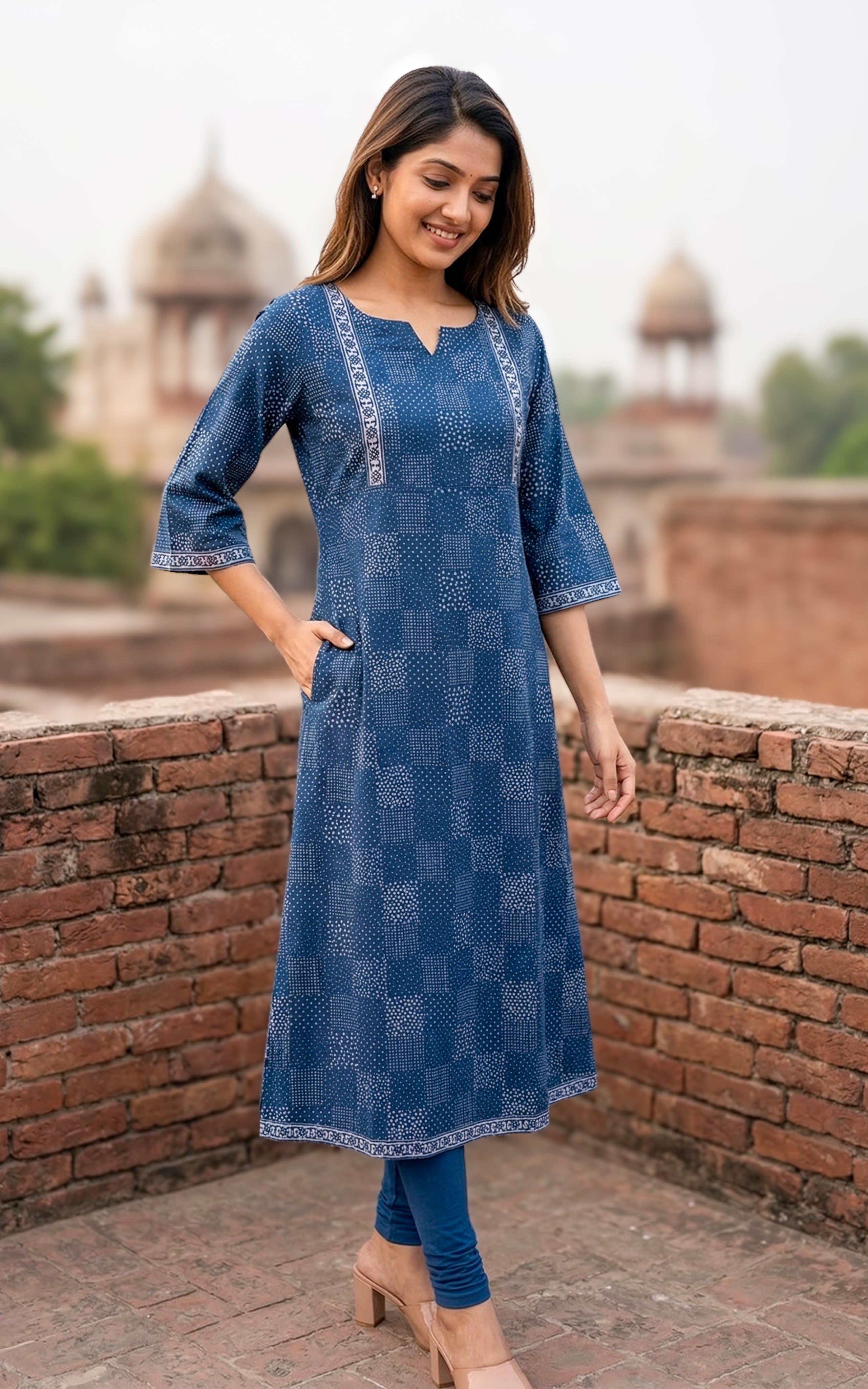 Instore - Navy Blue Color Cotton Printed Aline Kurti with Bell Sleeves and One Side Pocket, No Lining