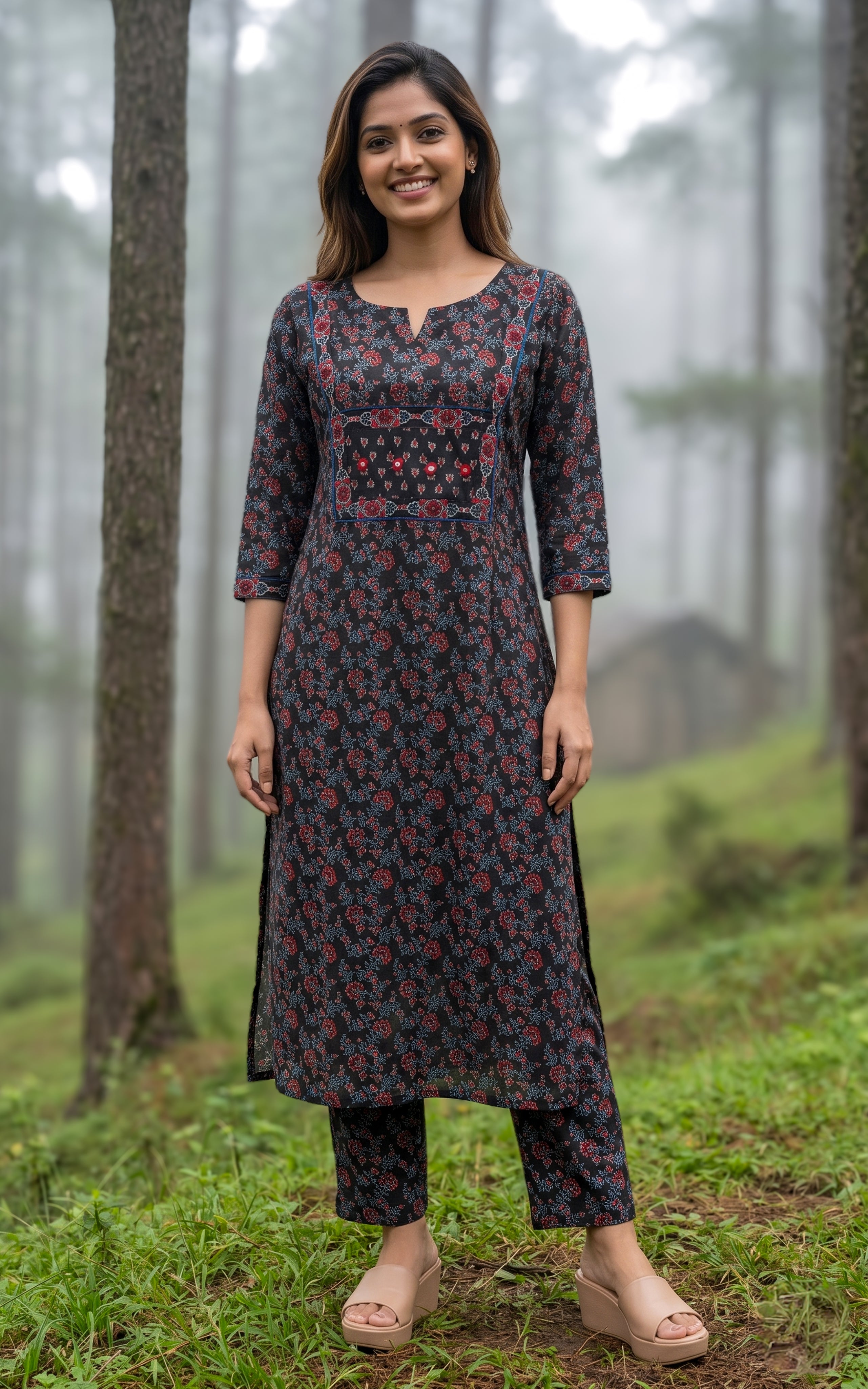 Black printed cotton kurti set for women