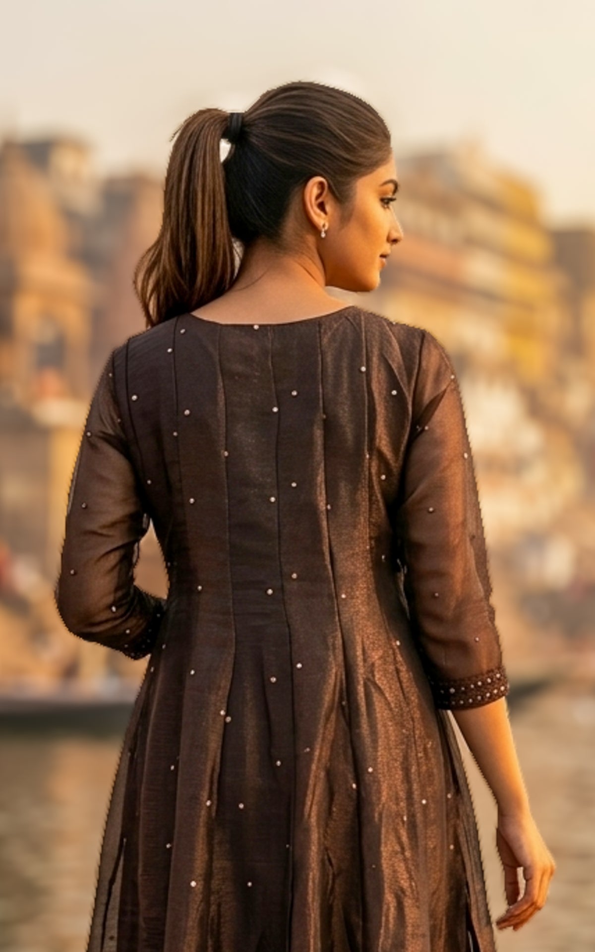 Instore – Dark Brown Mellinam Anarkali Kurti with Dupatta for Women – Crushed Tissue Silk – Sequin Embroidery – Festive Ethnic Wear