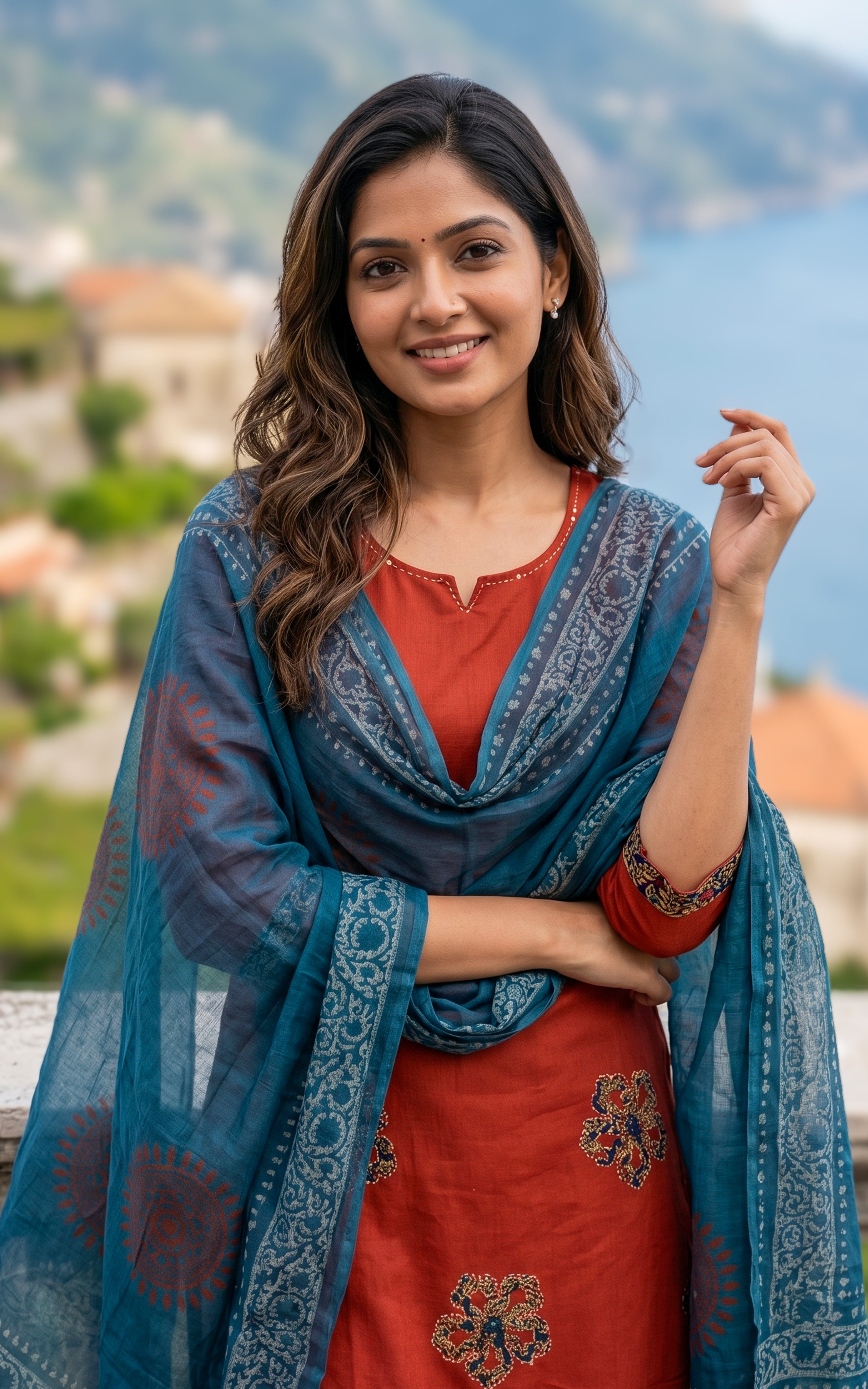 Rust cotton kurti set for women