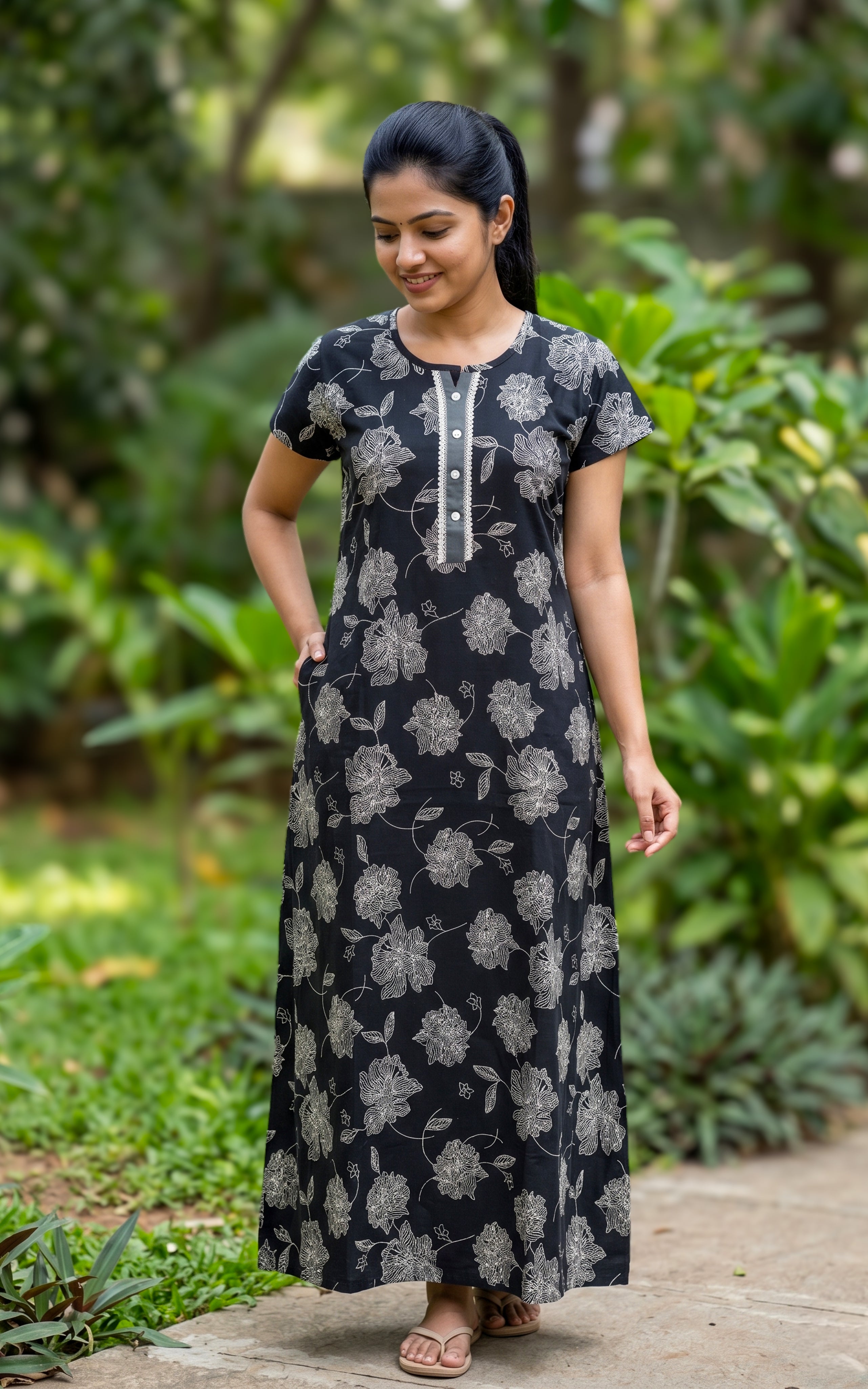 Instore - Black Floral Print Cotton Long Nighty with Button Placket, Side Pocket, Relaxed Fit, Women's Sleepwear