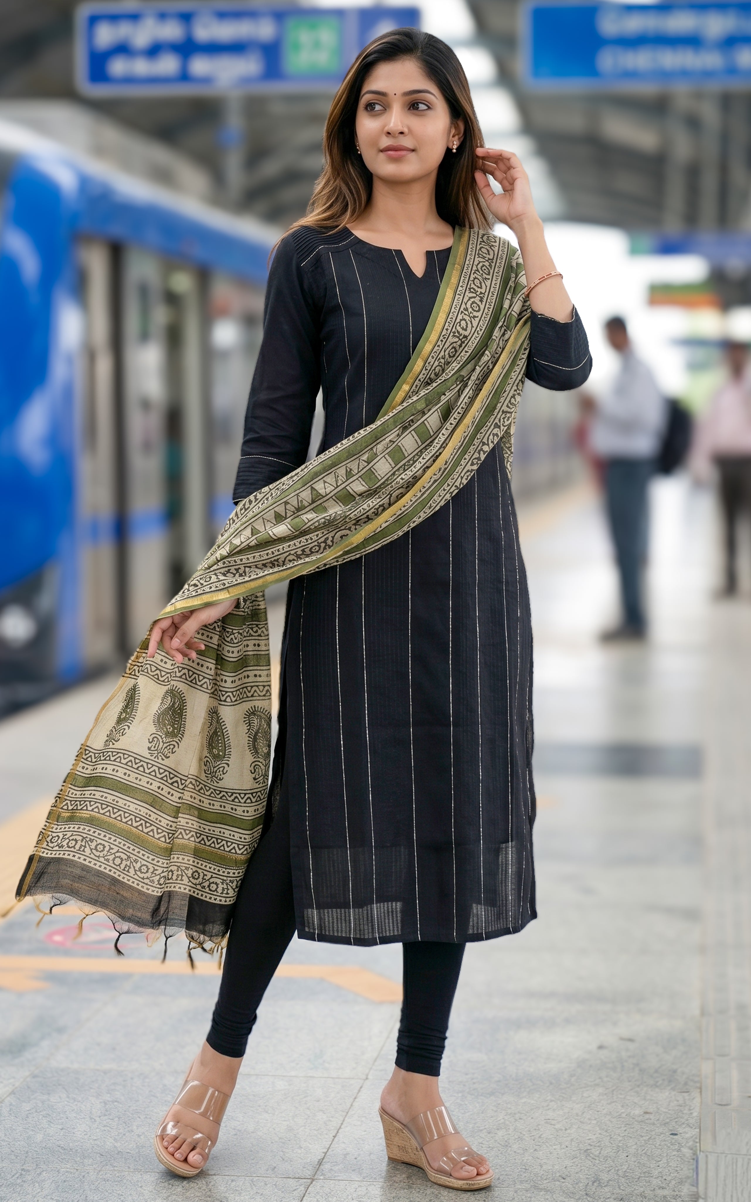 Instore - Black Color Cotton Flex Straight Cut Kurti with Side Slit, Paired with Cotton Dupatta, No Lining
