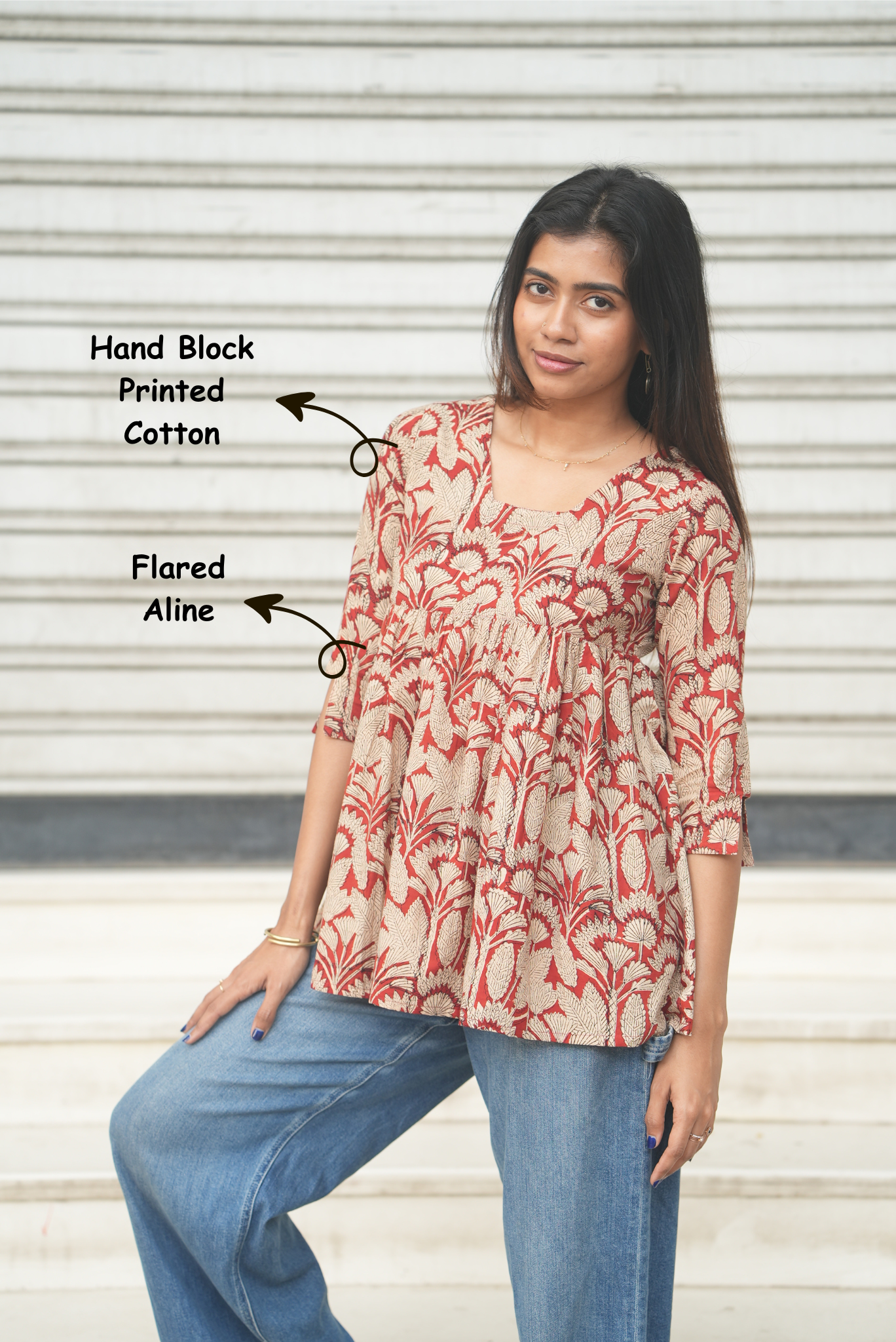 Flared rust cotton short kurti with hand block print design.Women’s rust hand block printed cotton A-line short top.