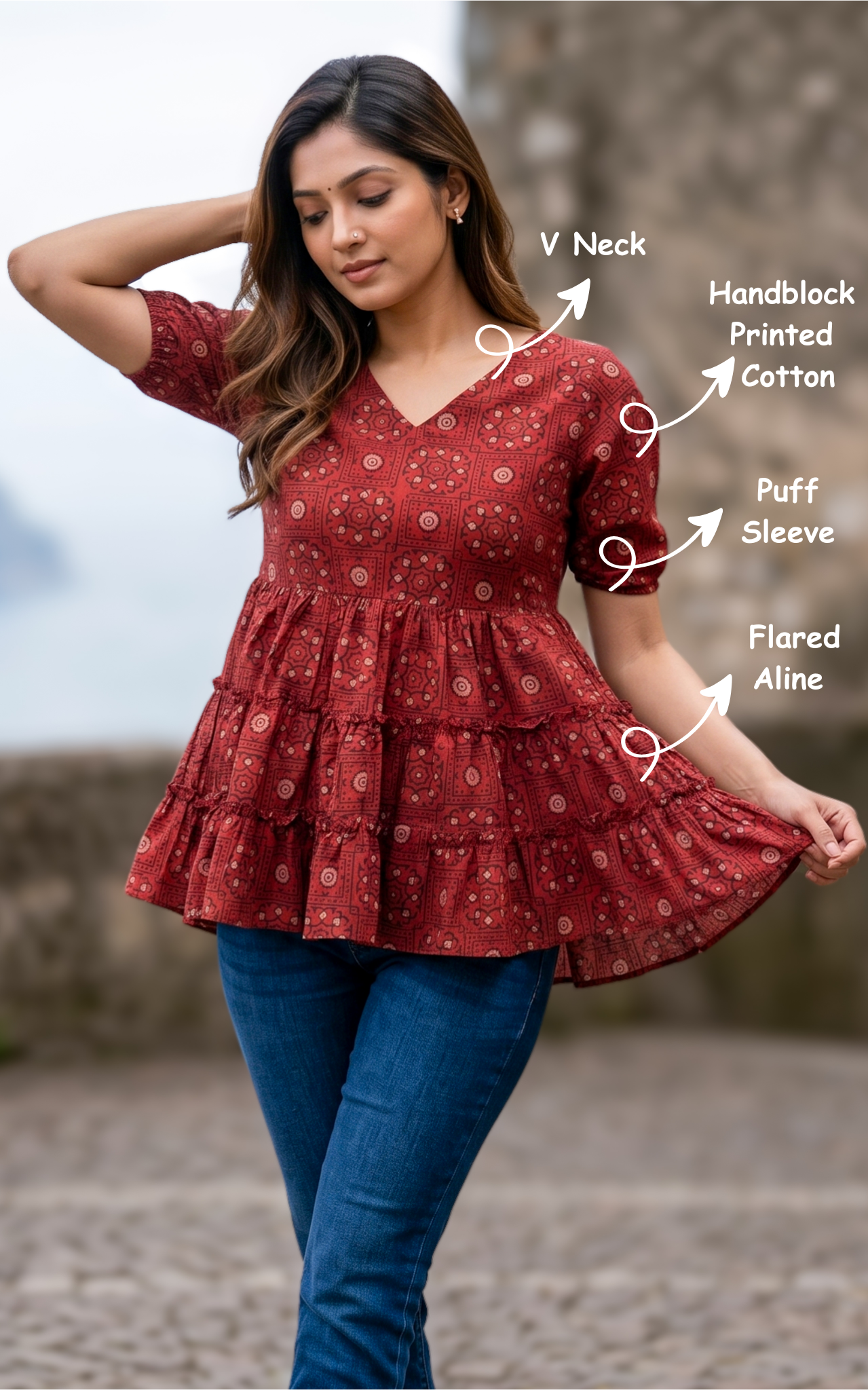  Instore – Maroon Handblock Printed Cotton Short Top for Women – Ethnic Wear