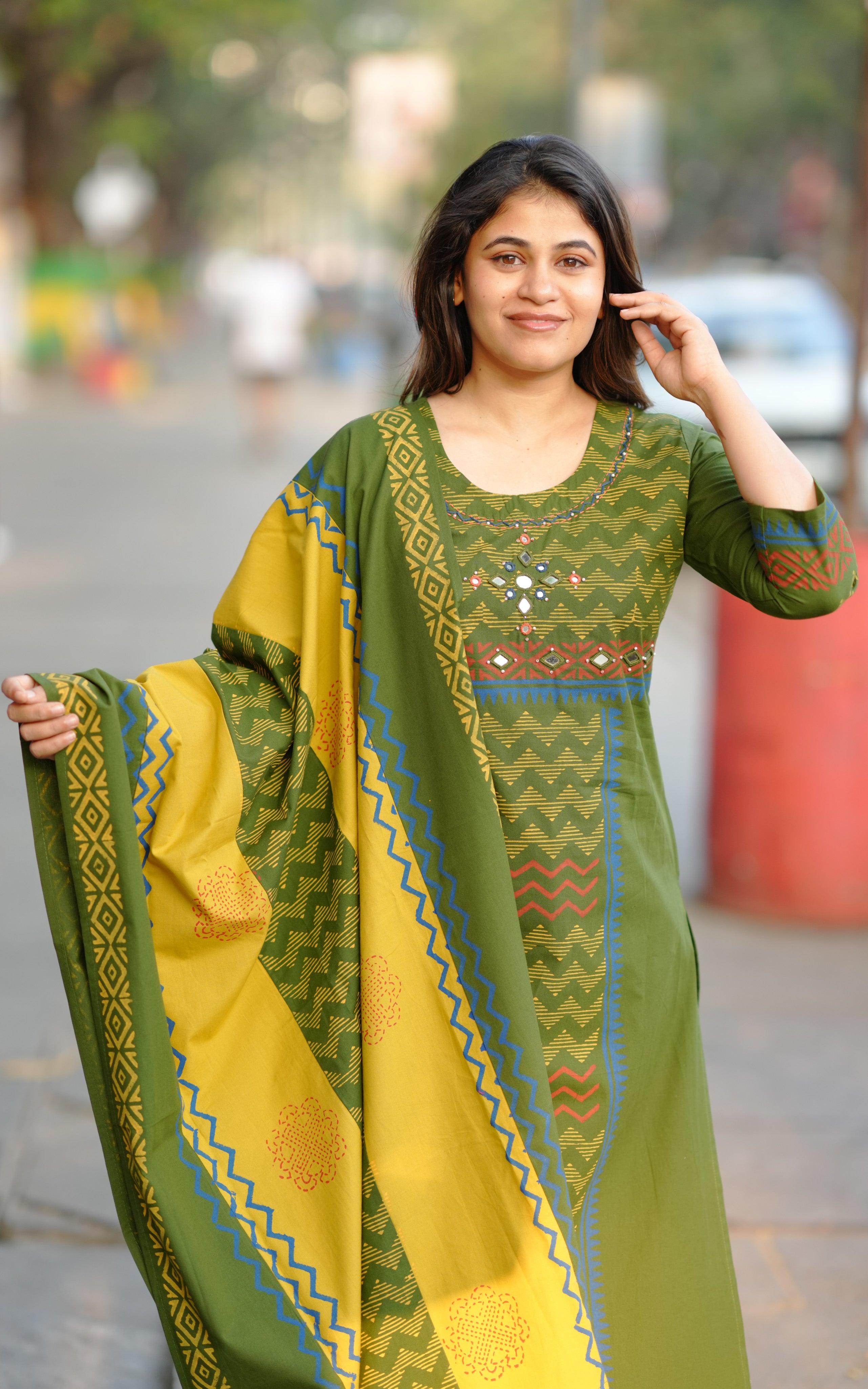 Haleema Green Handblock (Kurti+Dupatta)