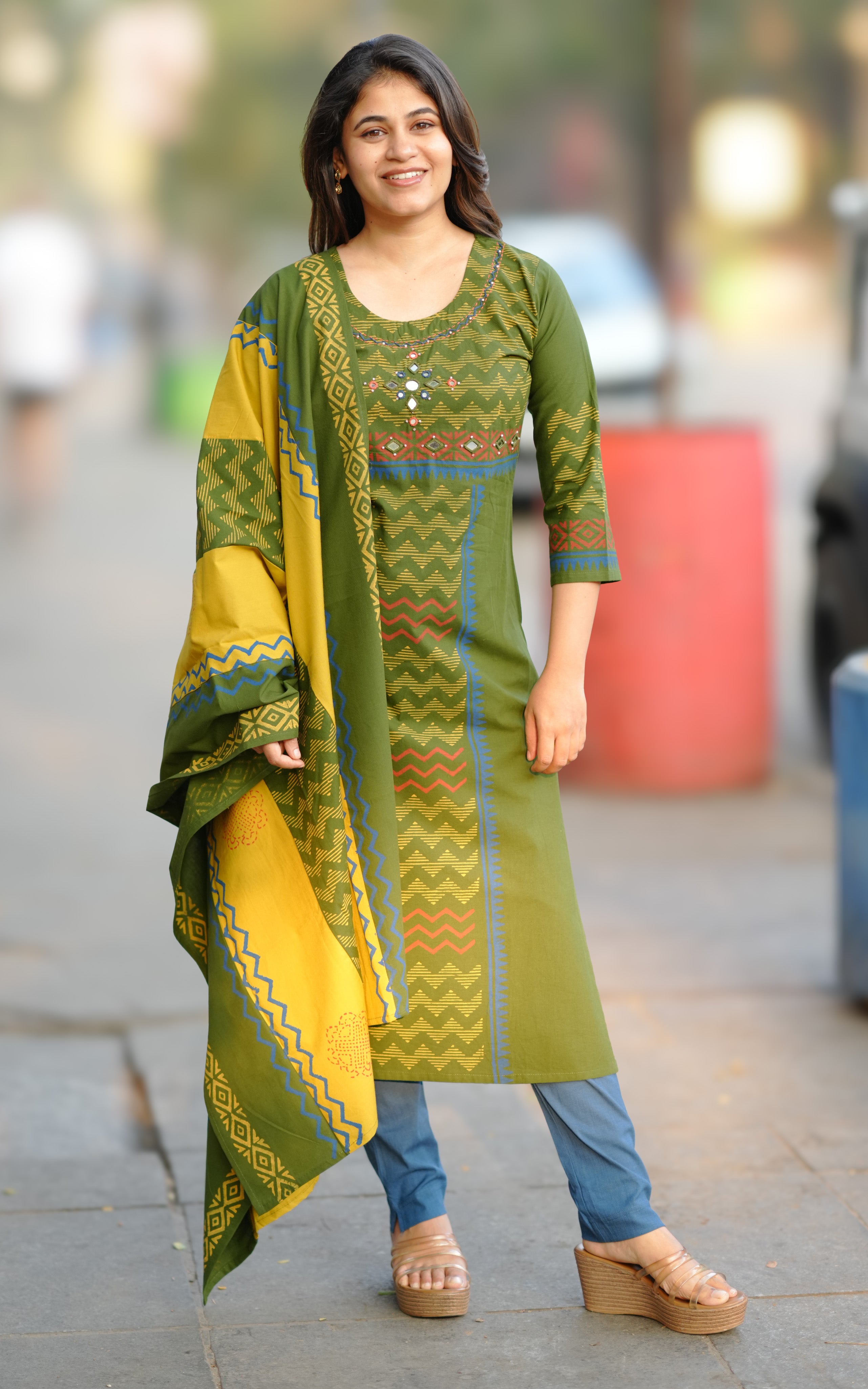 Haleema Green Handblock (Kurti+Dupatta)
