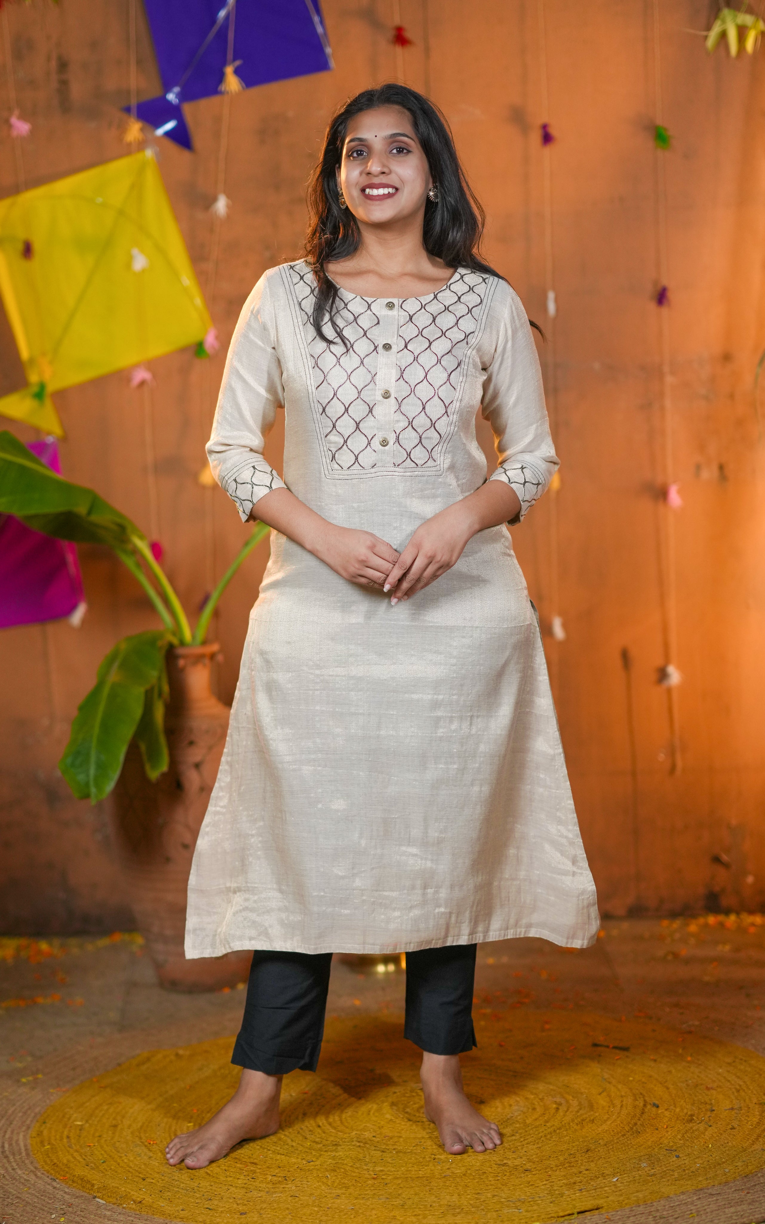 Aline Kurti with Side Slit and Decorative Buttons