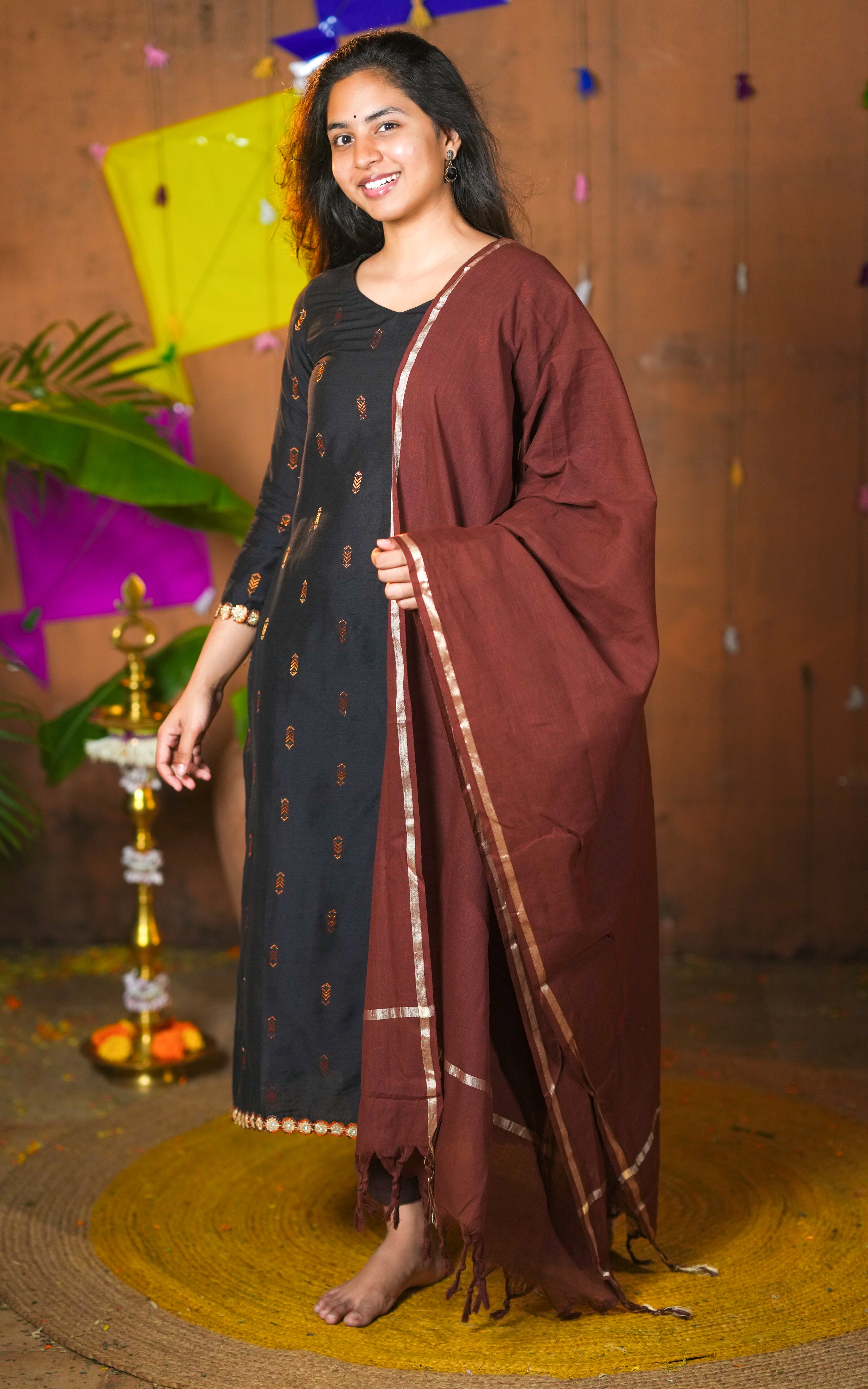 Silk cotton straight cut kurti with dupatta