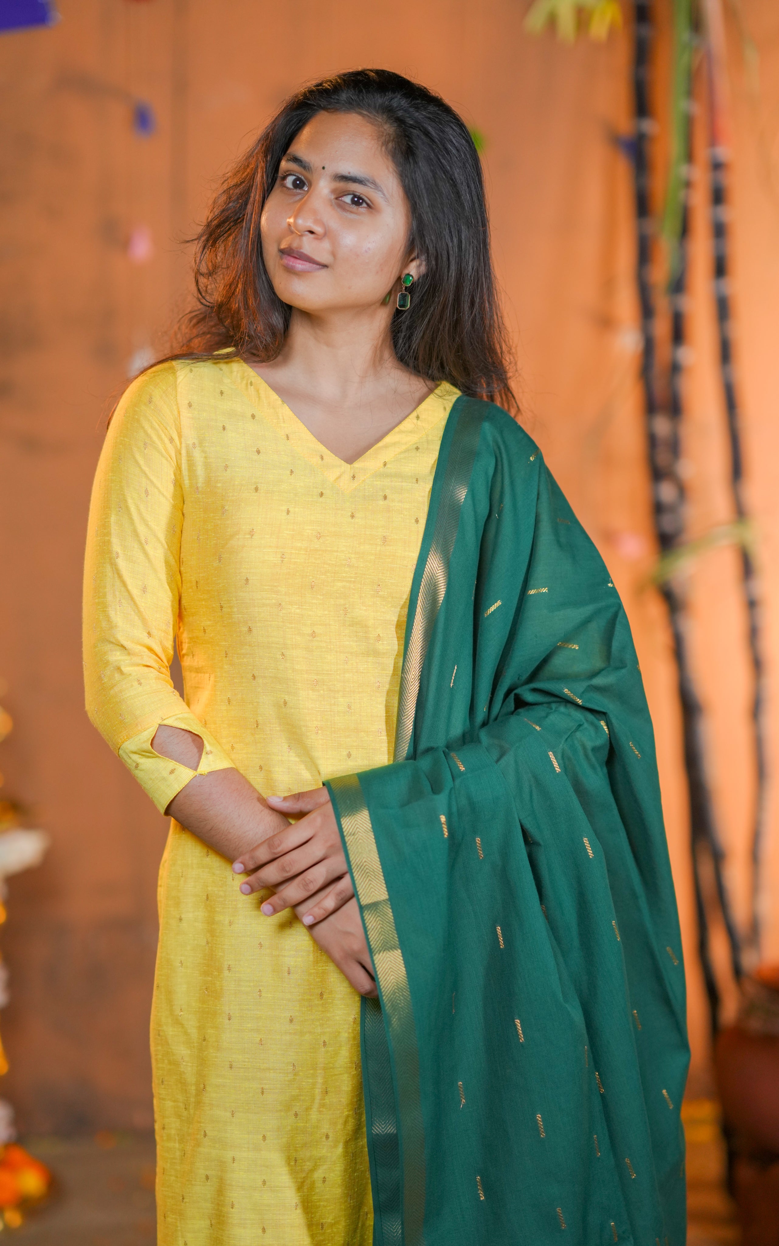 Yellow straight cut kurti with dupatta