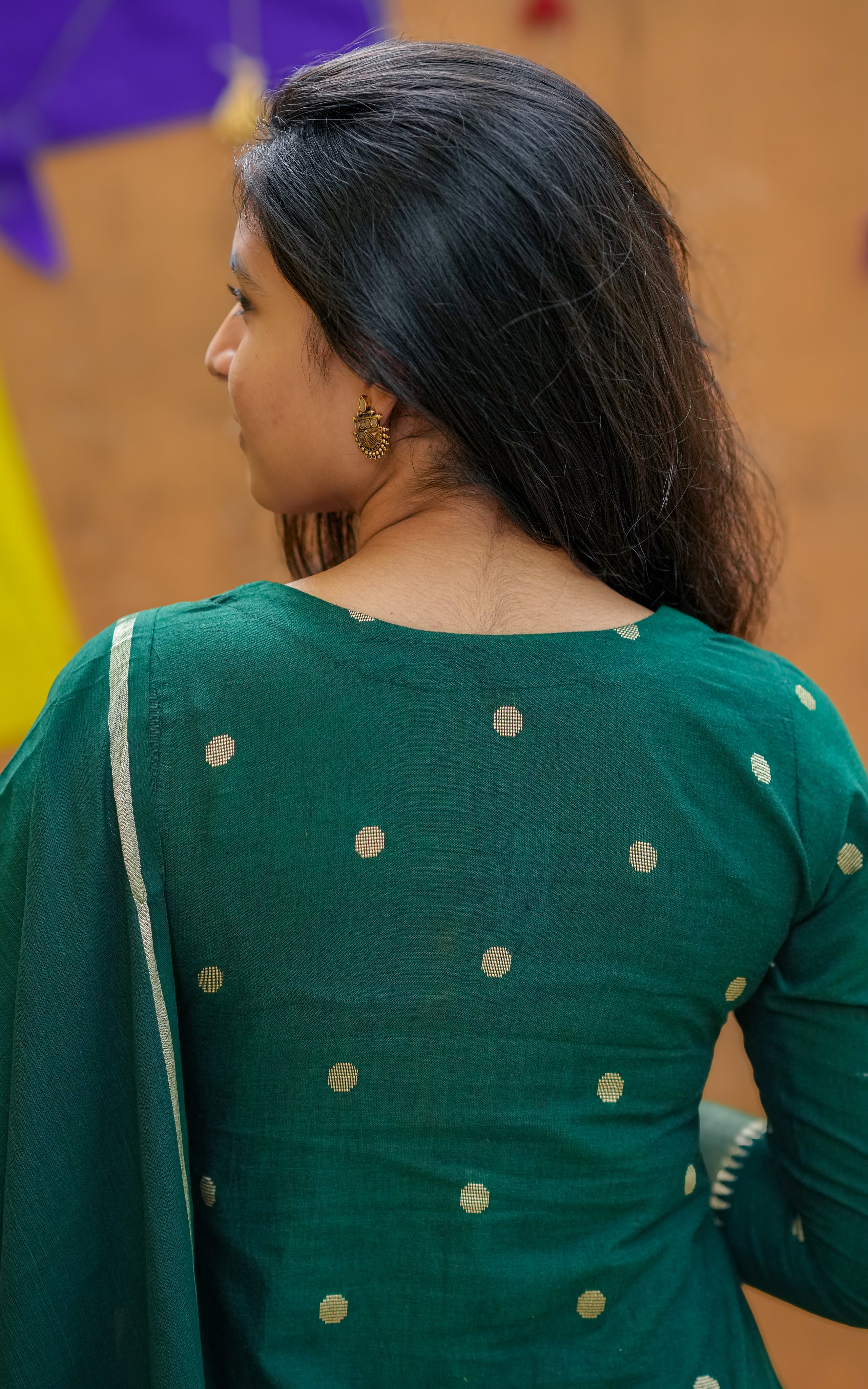 Instore – Bottle Green Nool Izhai Kurti with Dupatta for Women – South Cotton – Indian Ethnic Wear