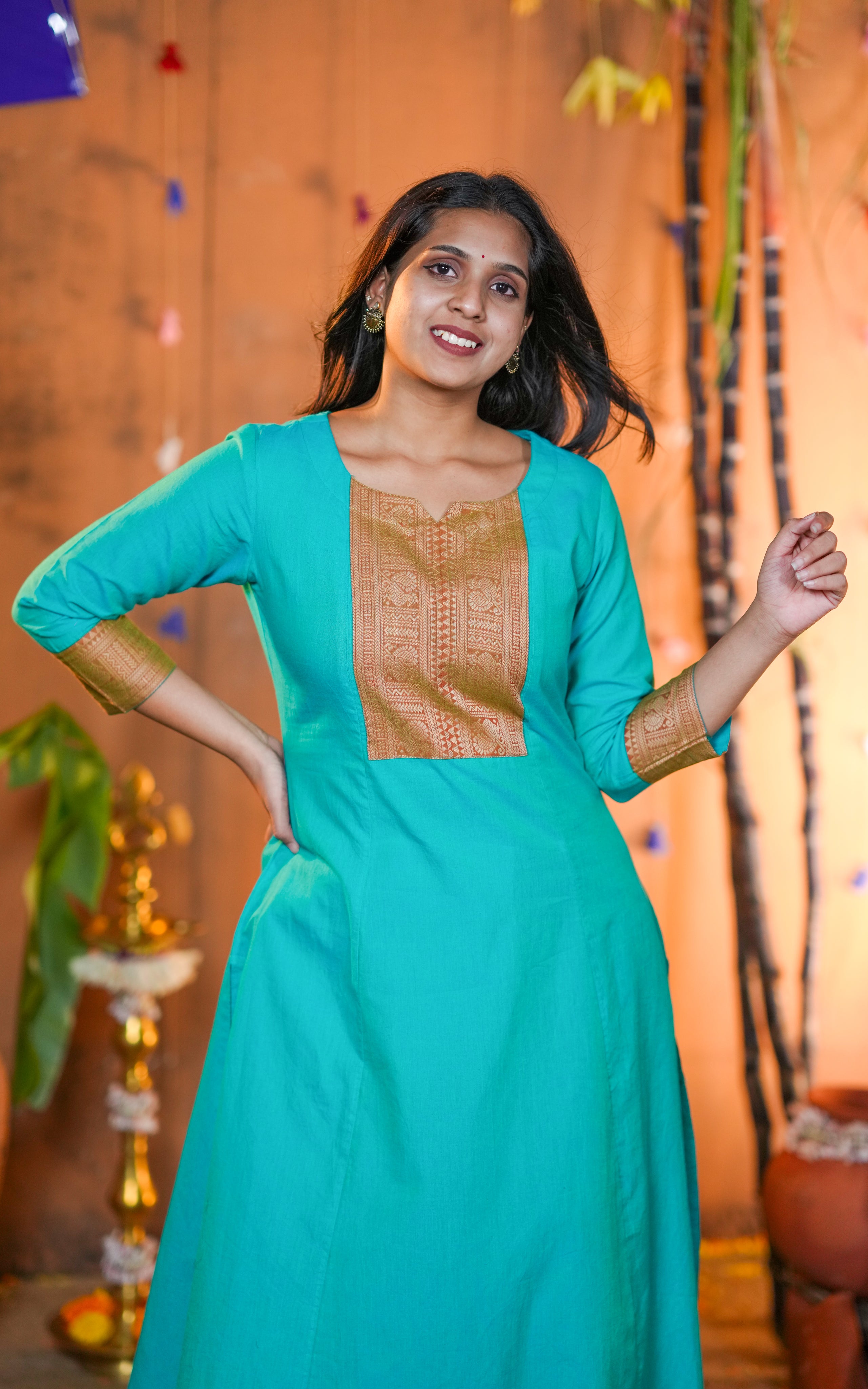Instore - Aqua Green Cotton A-line Kurti with Side Slit and No Lining