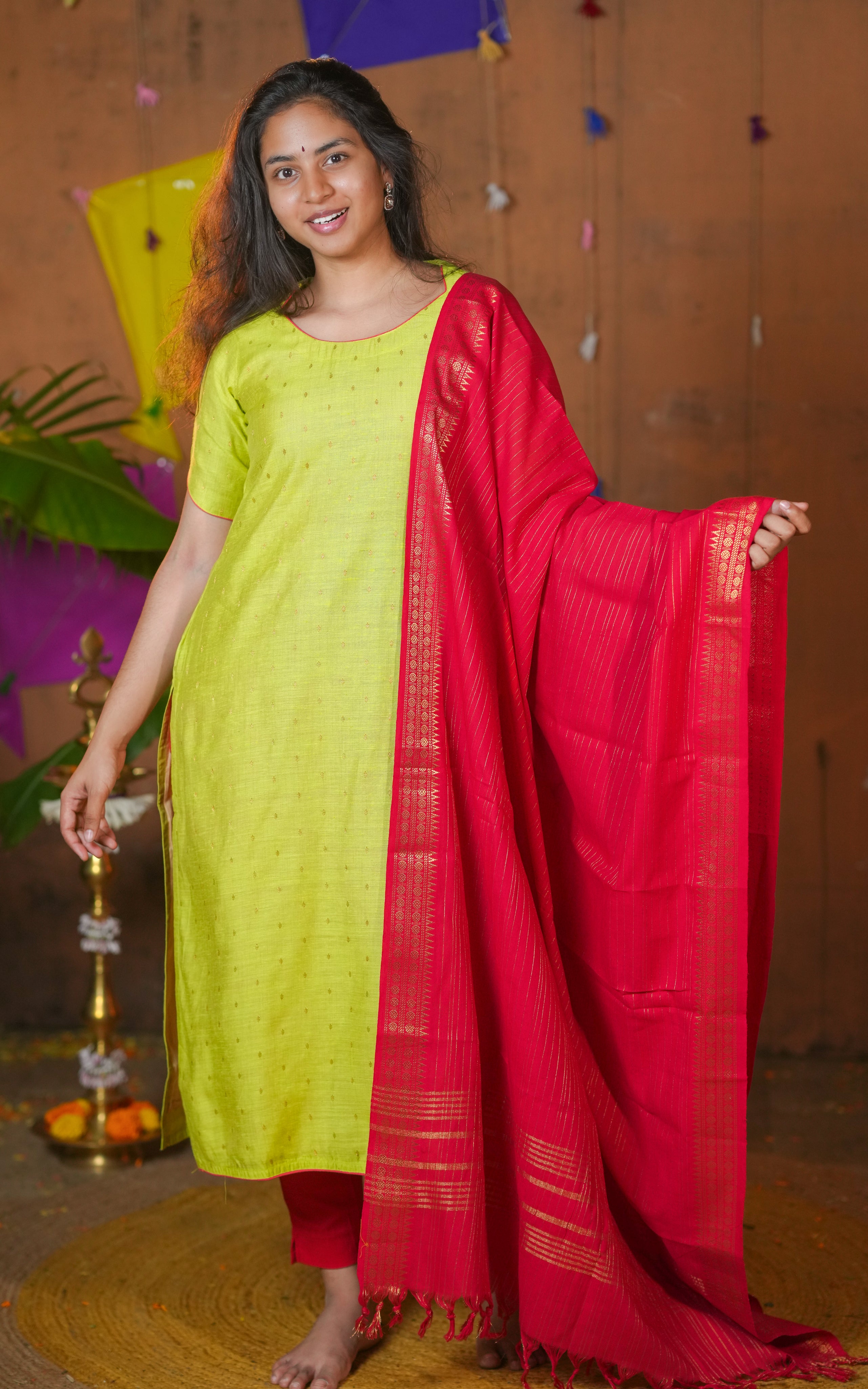 Lime Green Straight cut kurti with red dupatta