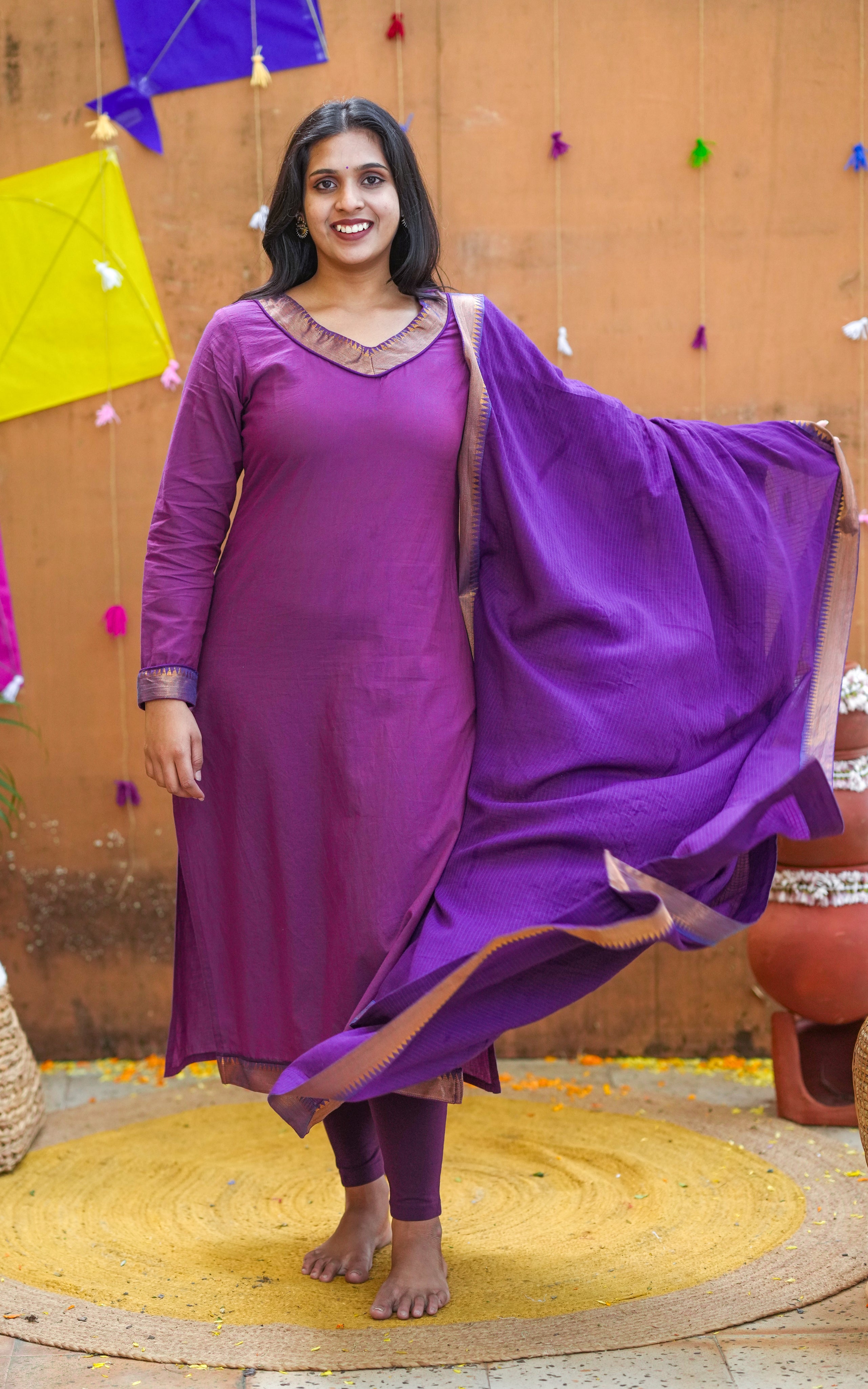 Purple straight cut kurti with dupatta