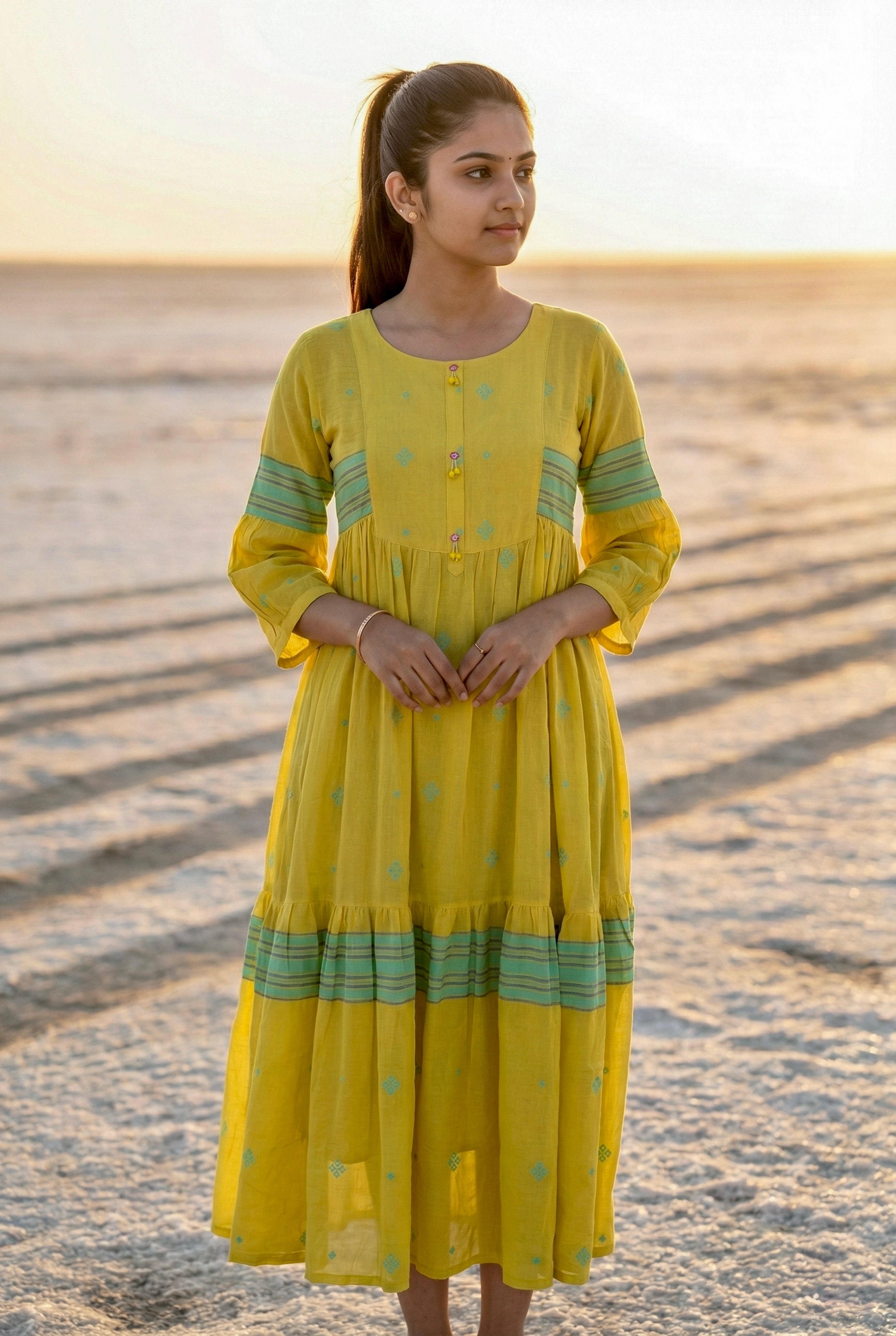 Instore - Yellow Color Cotton Tier Cut Kurti with Decorative Buttons with Cotton Lining