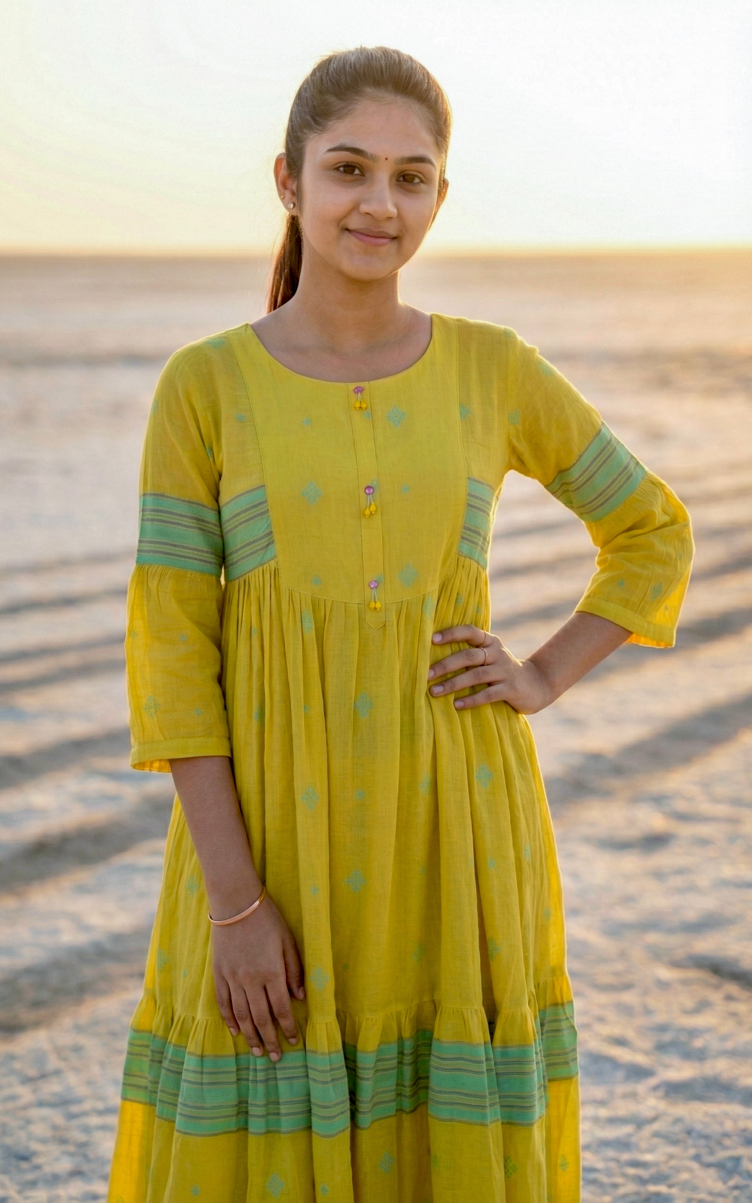 Instore - Yellow Color Cotton Tier Cut Kurti with Decorative Buttons with Cotton Lining