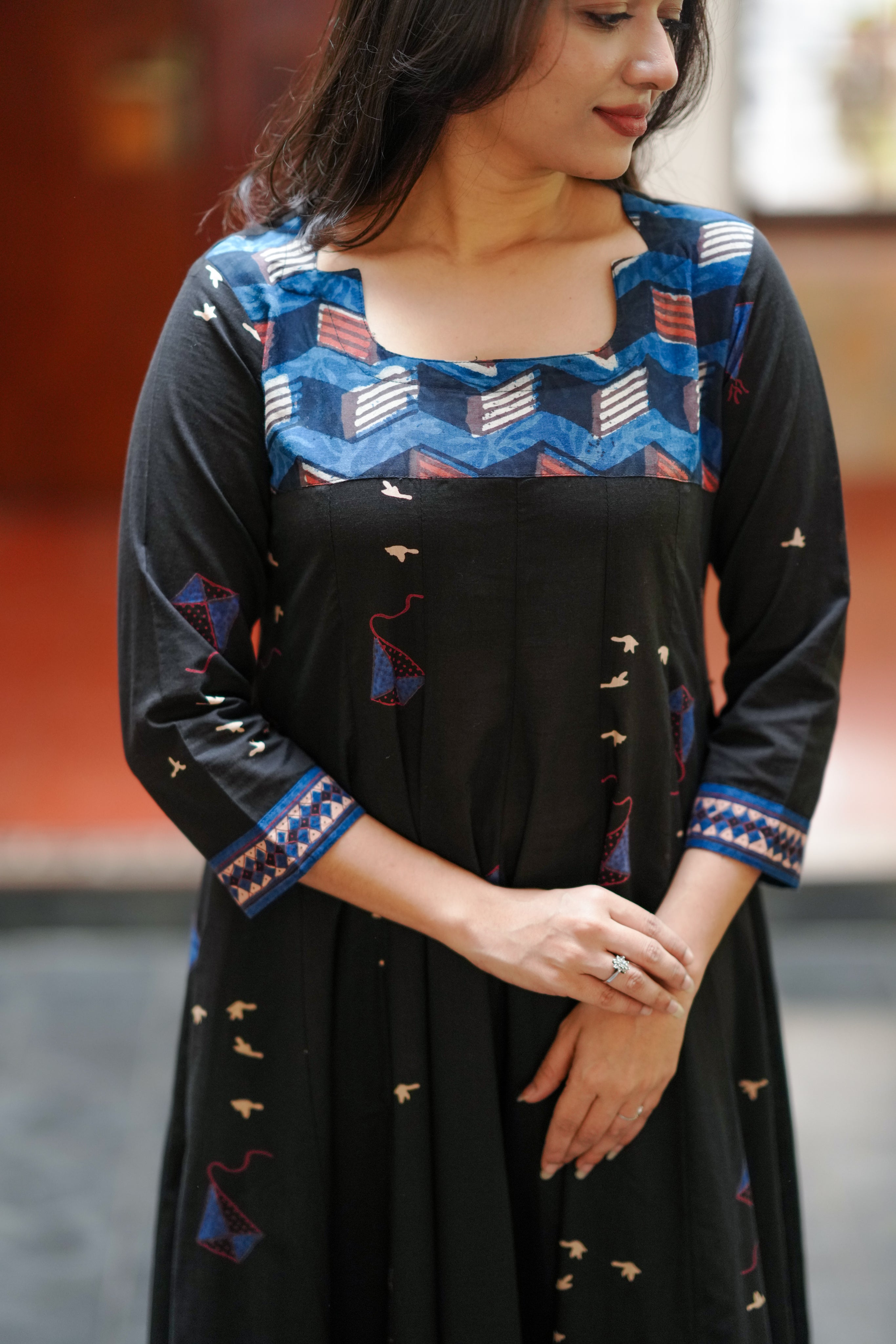 stylish black indigo cotton kurti for college girls
trendy handblock yoke anarkali
casual cotton kurti set with dupatta for college
comfortable cotton kurti for students
side pocket cotton kurti for college wear