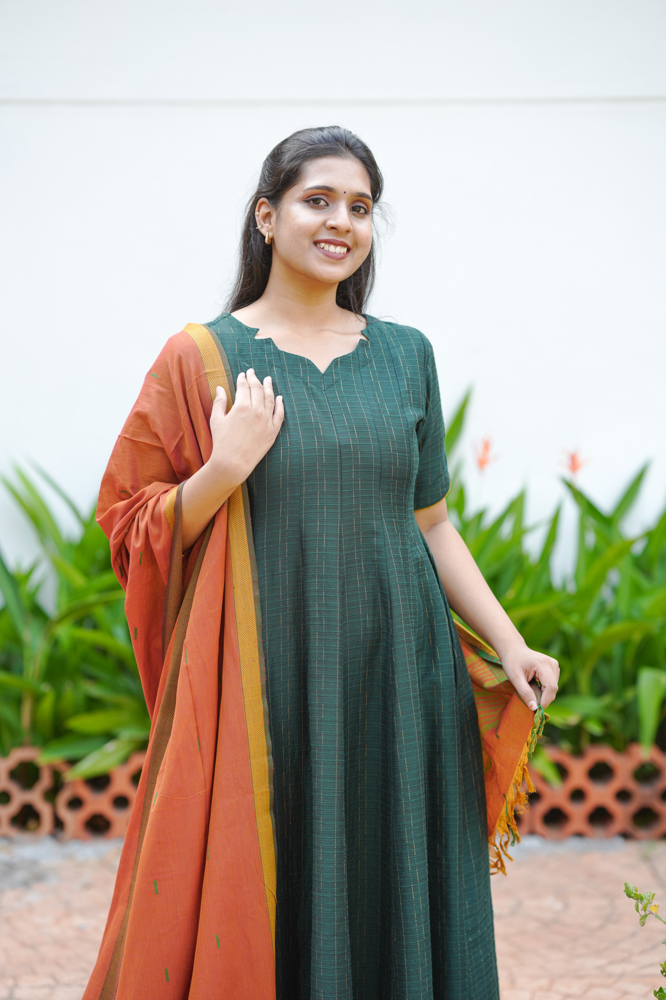 Bottle Green Silk Cotton Anarkali for Women