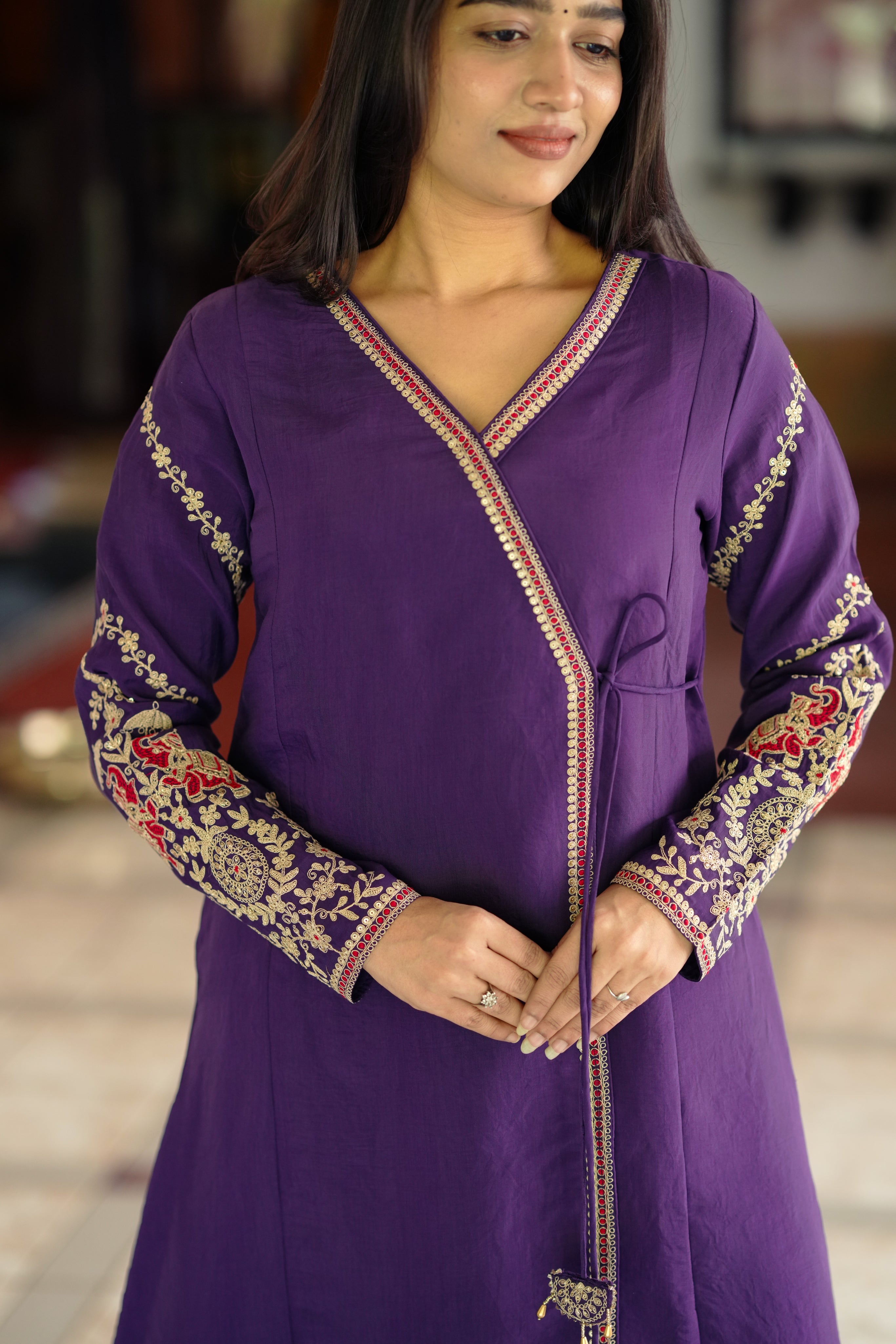 embroidered angrakha kurti set purple
