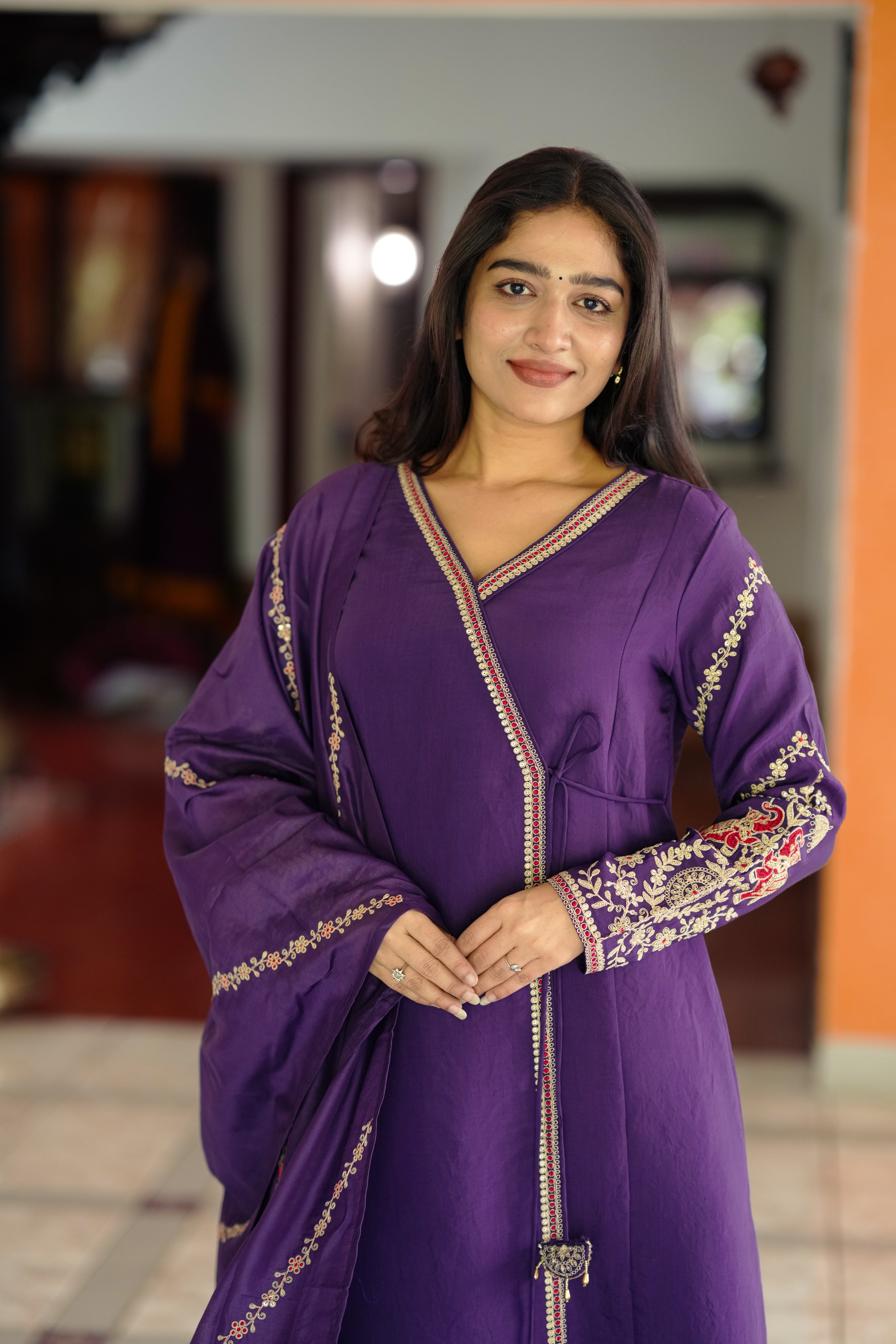 v neck angrakha a line kurti with dupatta