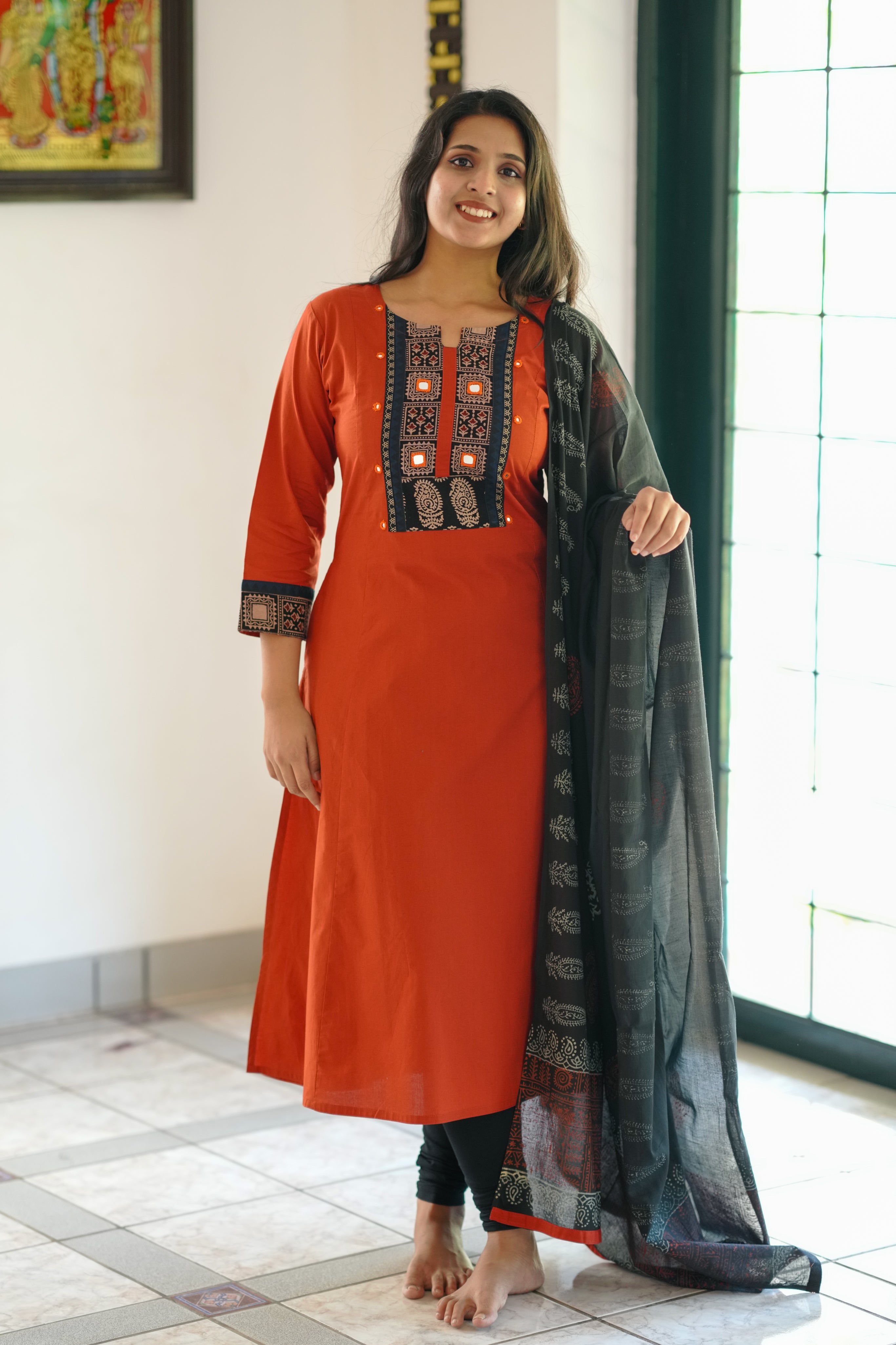 south cotton mirror work kurti for women