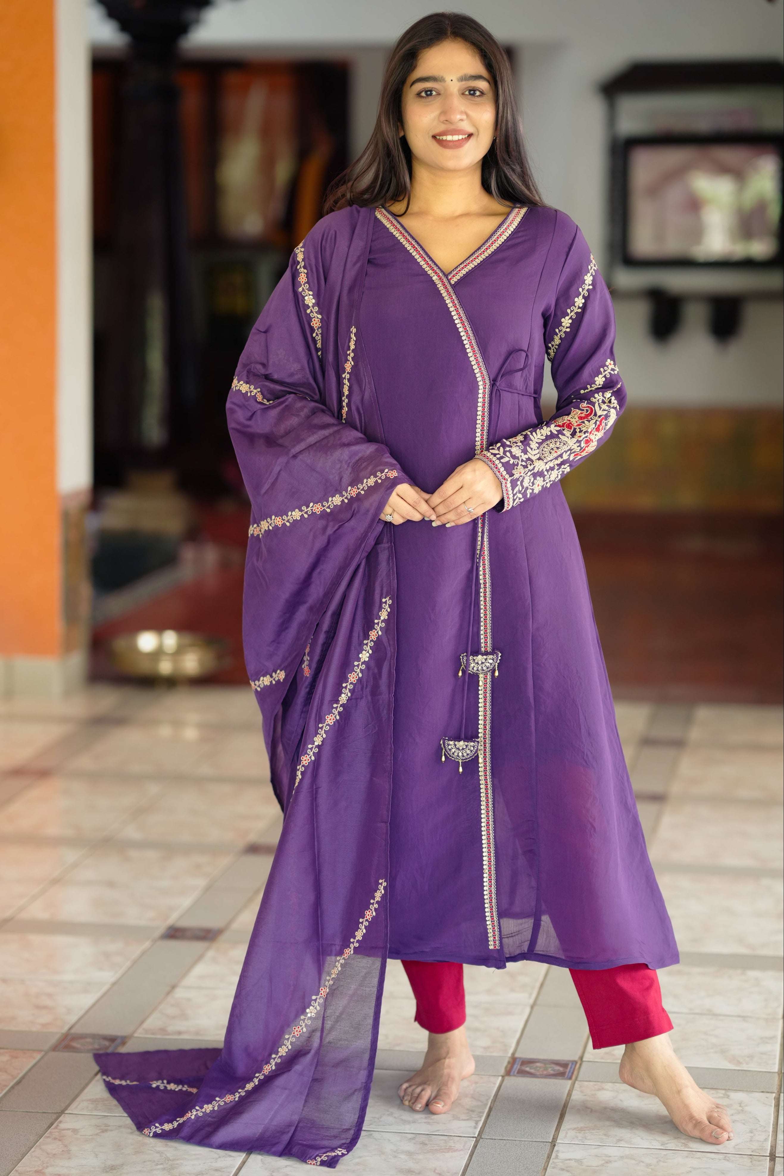 purple art silk angrakha kurti for women