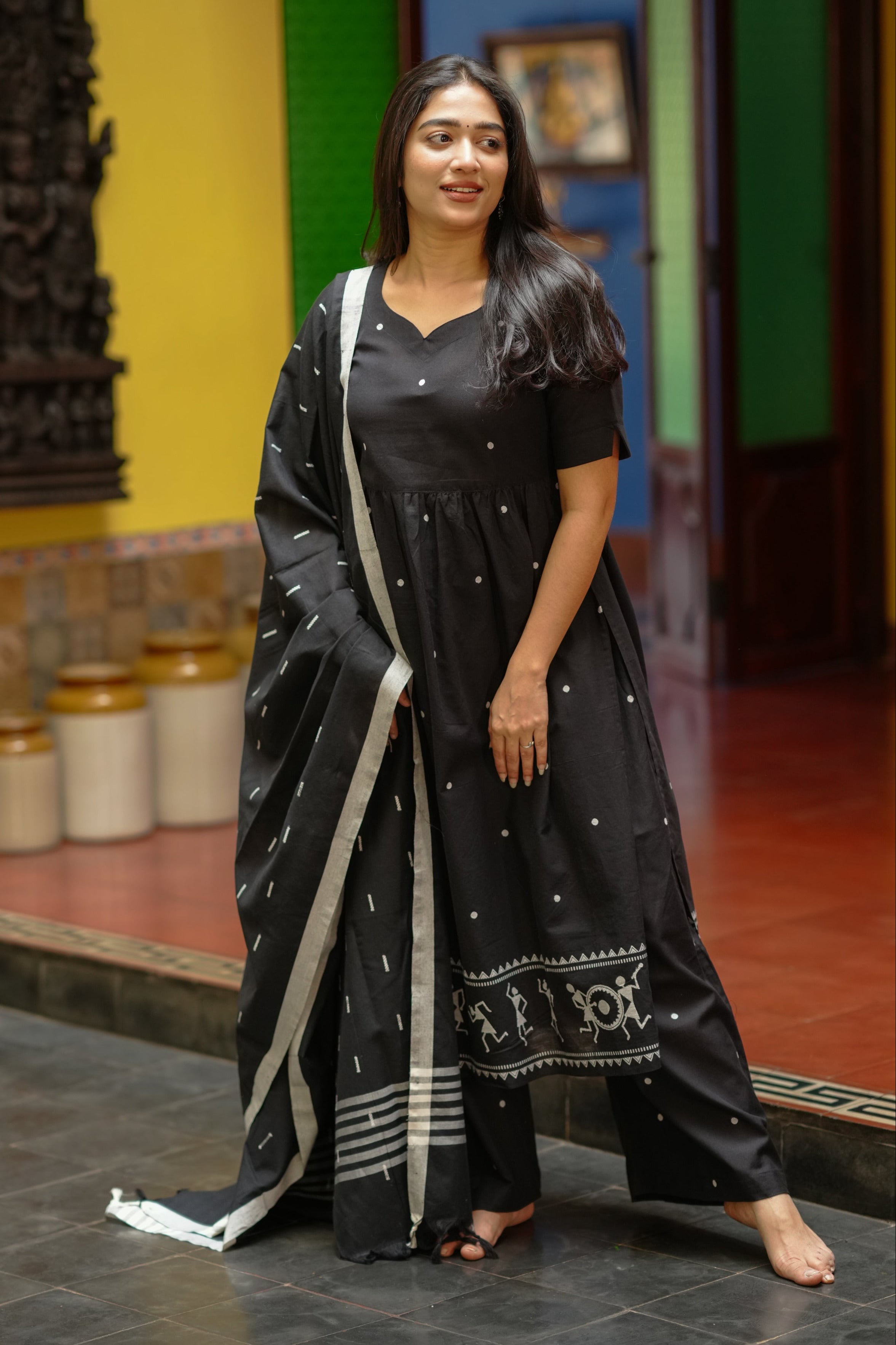 black cotton kurti set for office
elegant nyra cut kurti with palazzo
professional cotton kurti with warli print
office wear kurti and palazzo set
formal cotton kurti with handloom dupatta