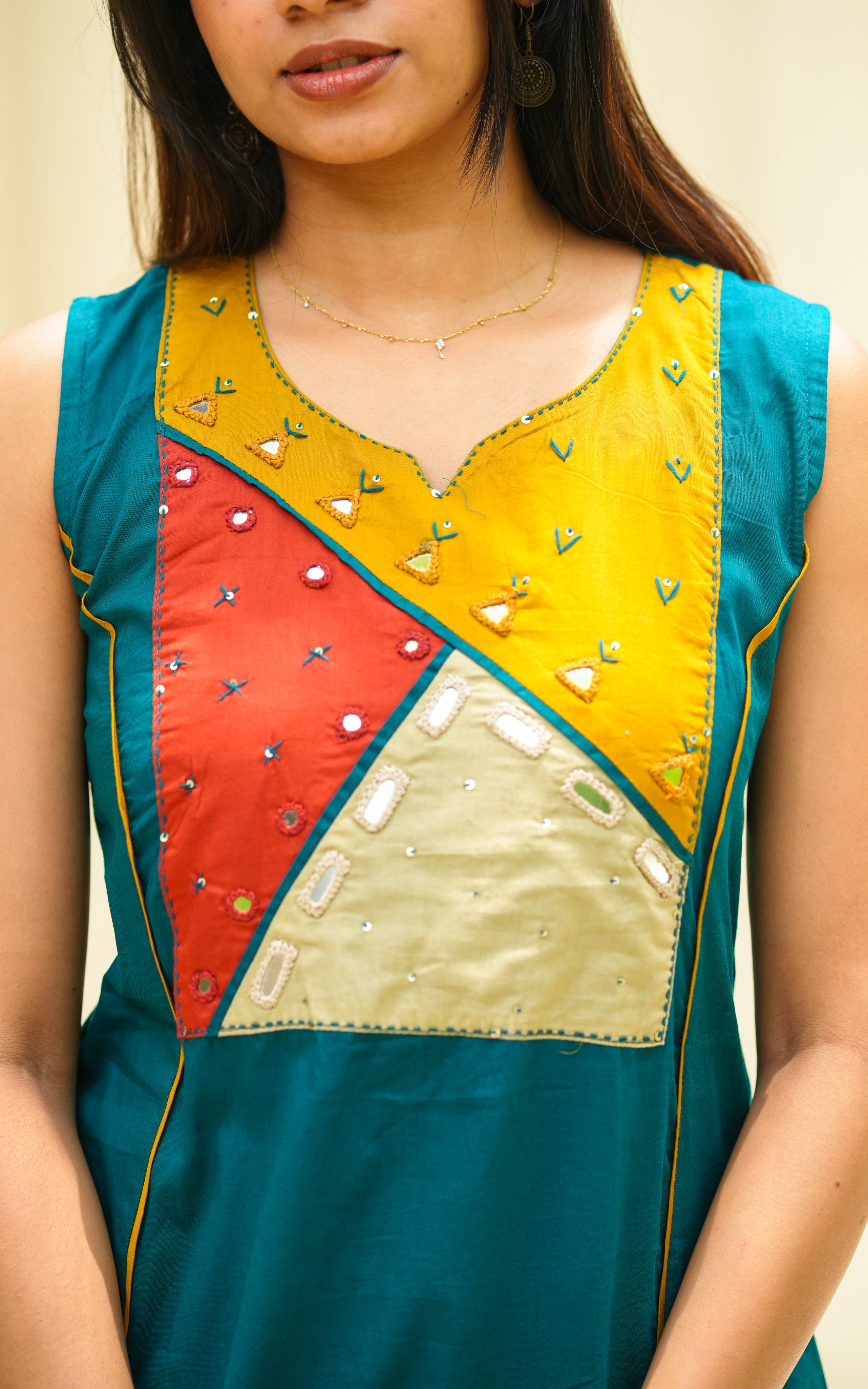 Elegant teal green mirror work kurti for women