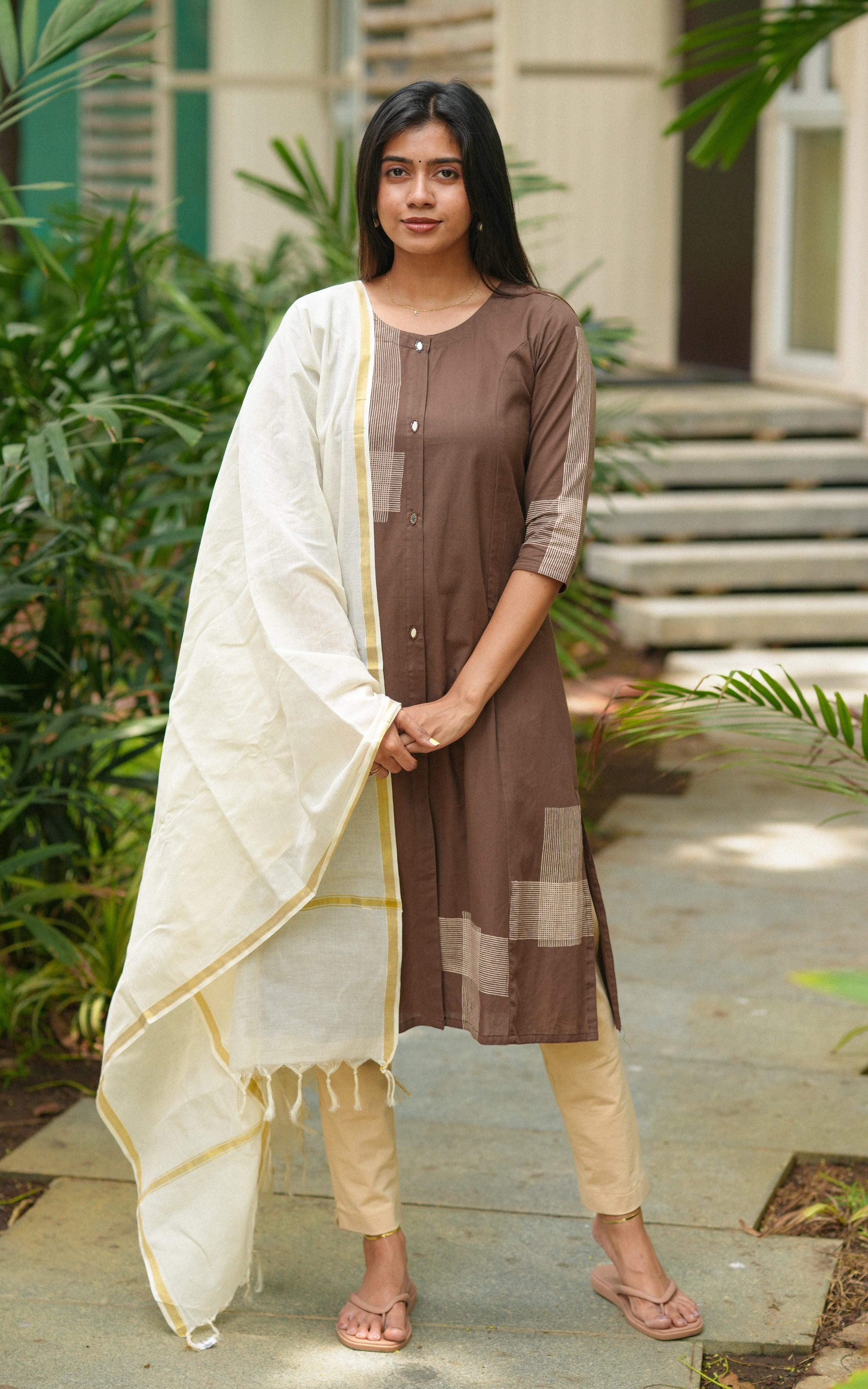 Brown ethnic cotton kurti set for women