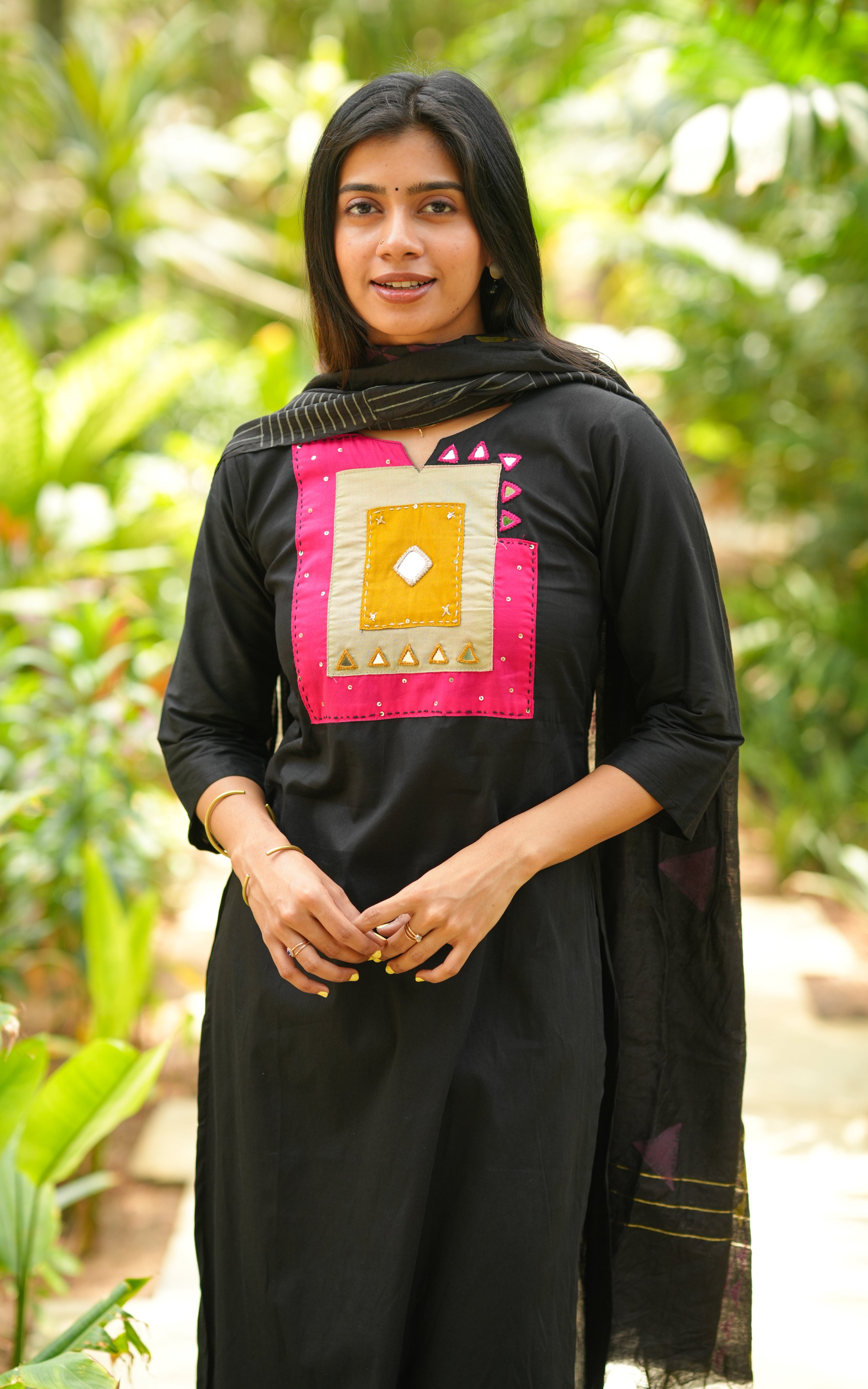 Black ethnic cotton kurti set for women