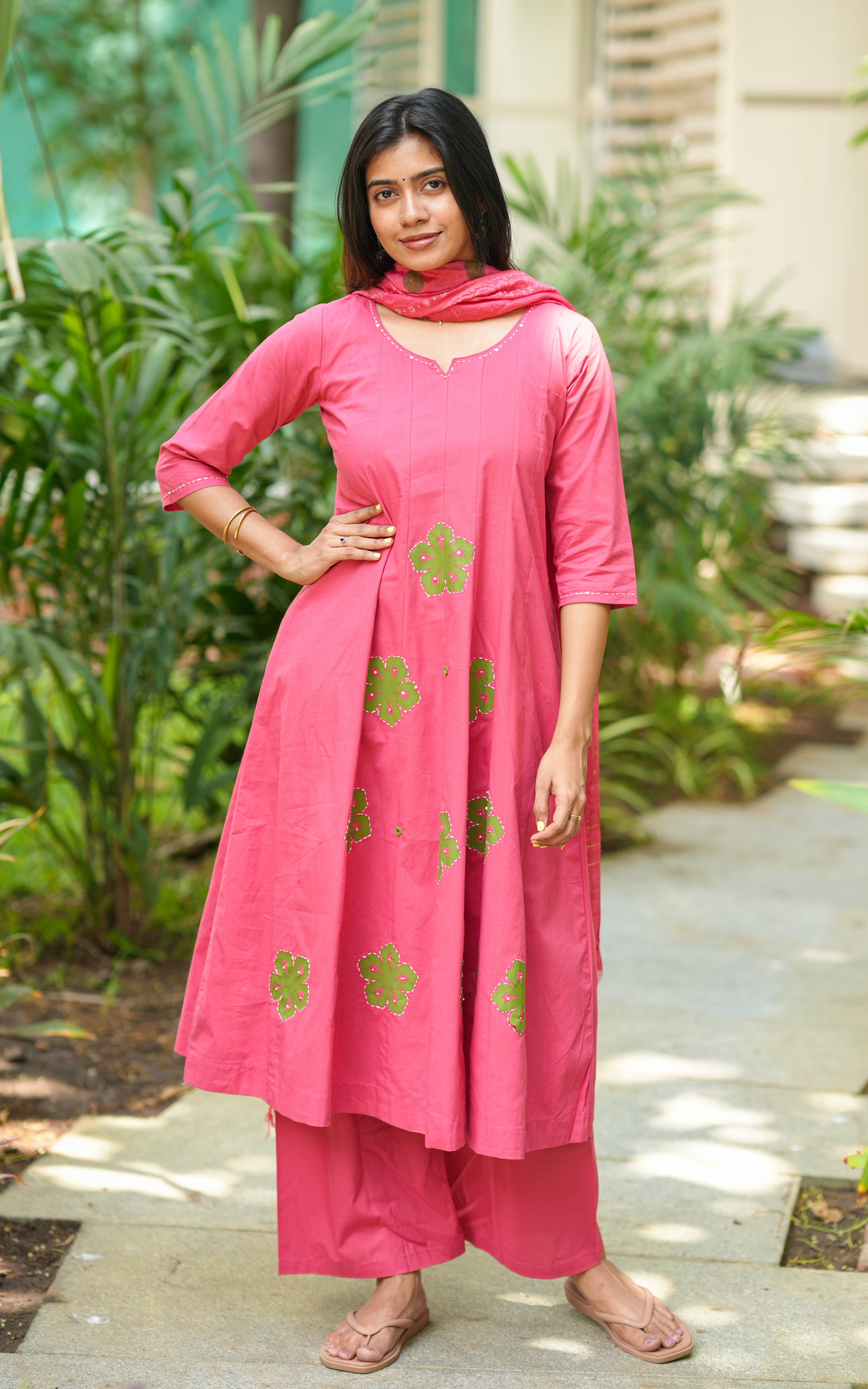 Rose pink cotton Anarkali kurti set for women