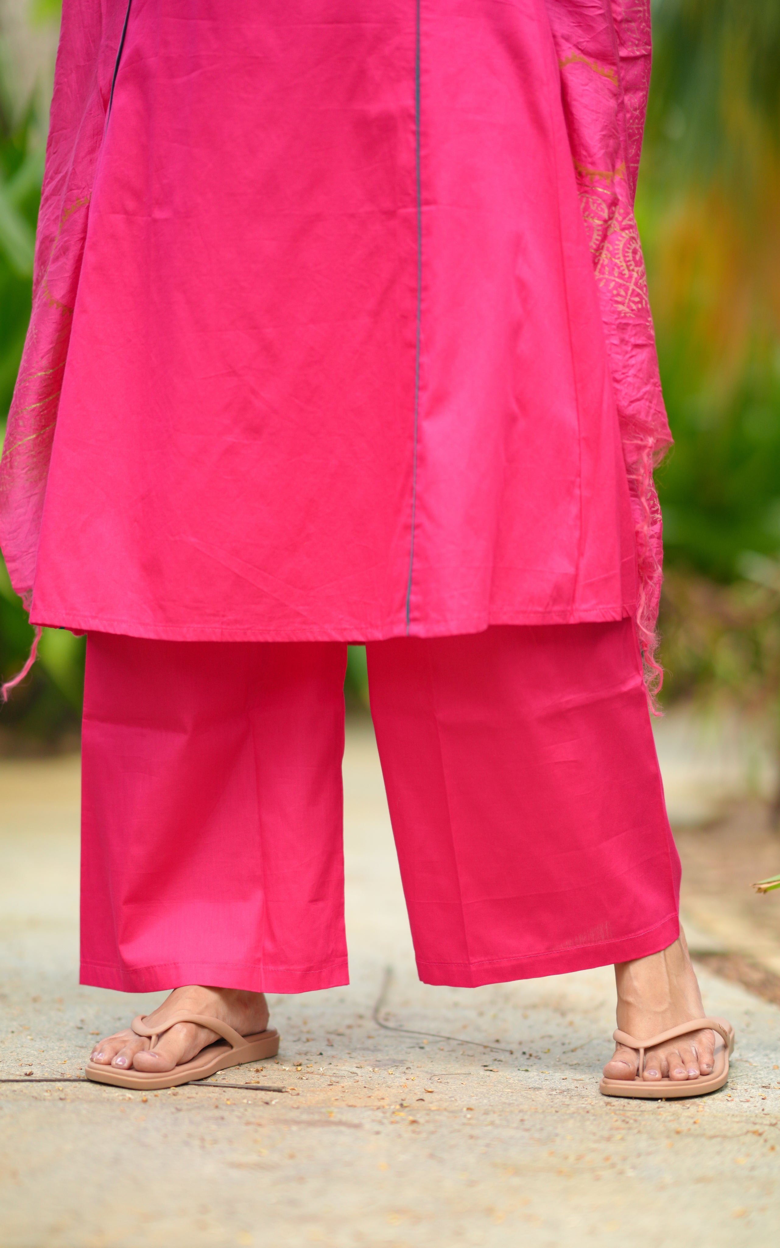 Instore - Pink Color South Cotton, Aline Kurti, Palazzo Pant with One Side Pocket, Handblock Printed Art Silk Dupatta, No Lining