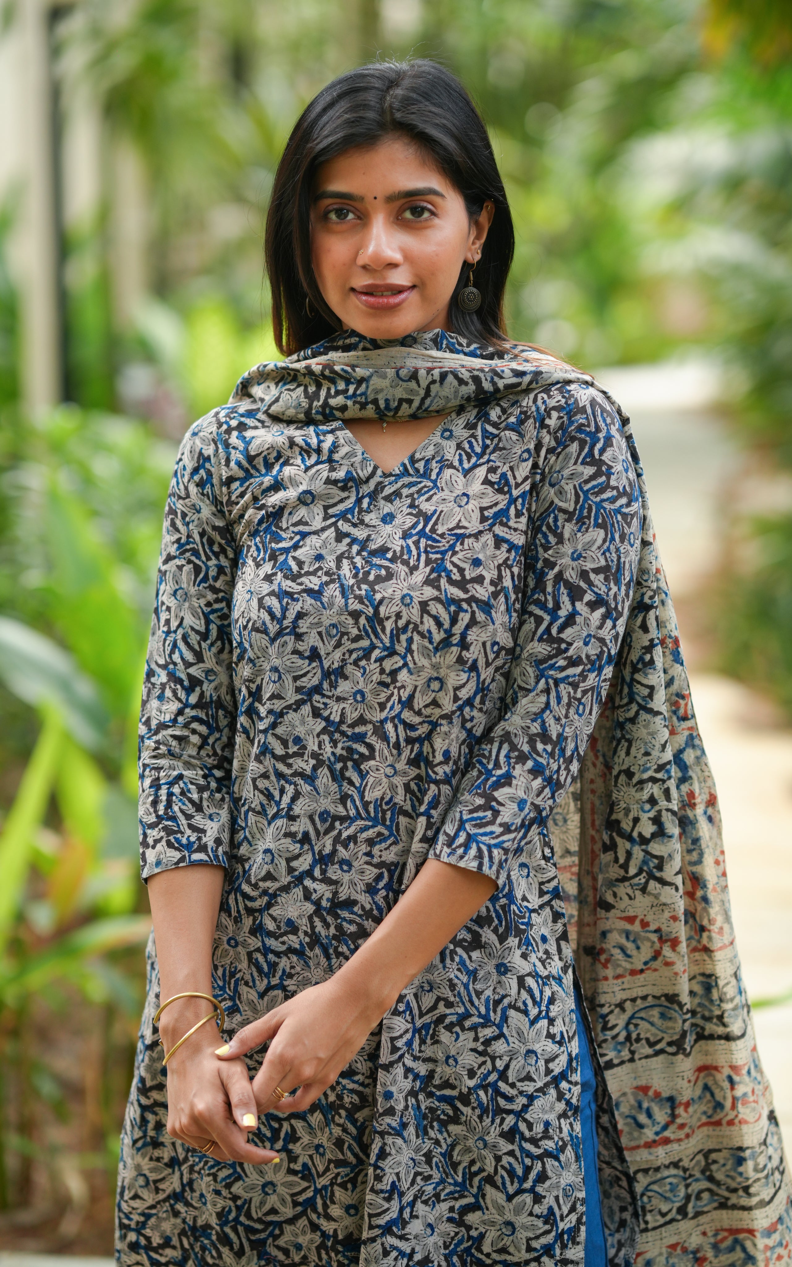 Black straight cut Kalamkari kurti for women