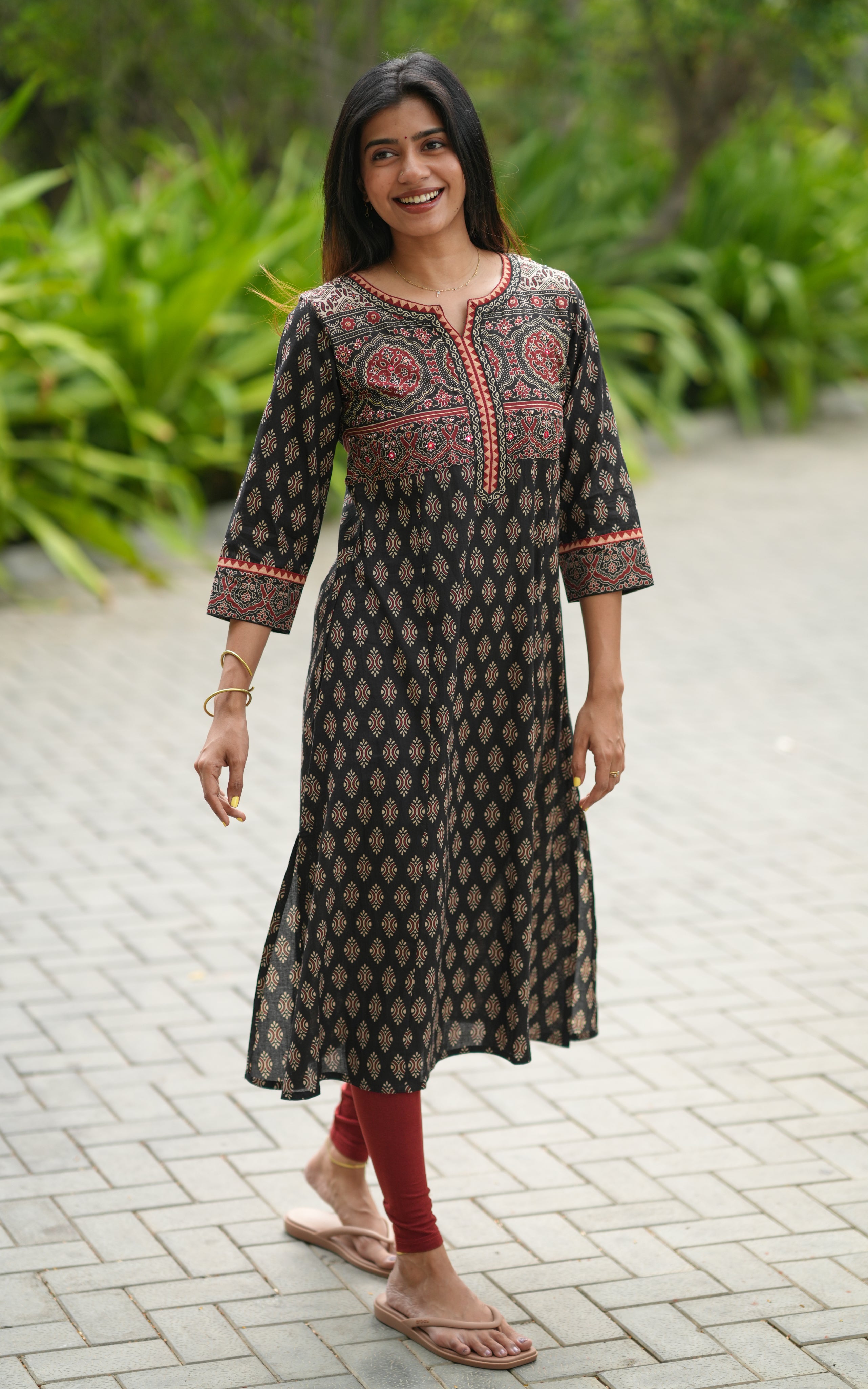 Black printed cotton Aline kurti for women