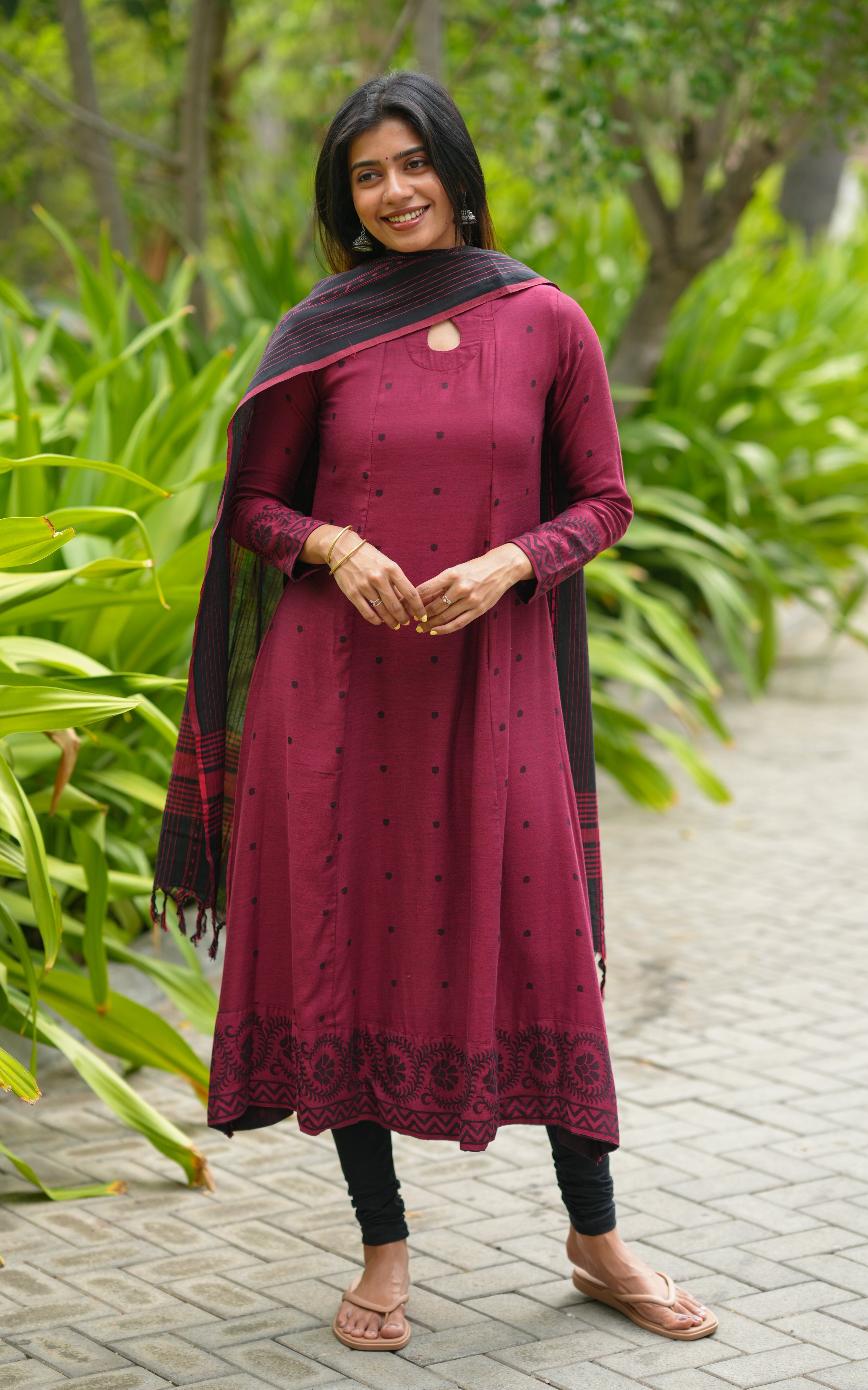 Maroon cotton blend Anarkali kurti for women