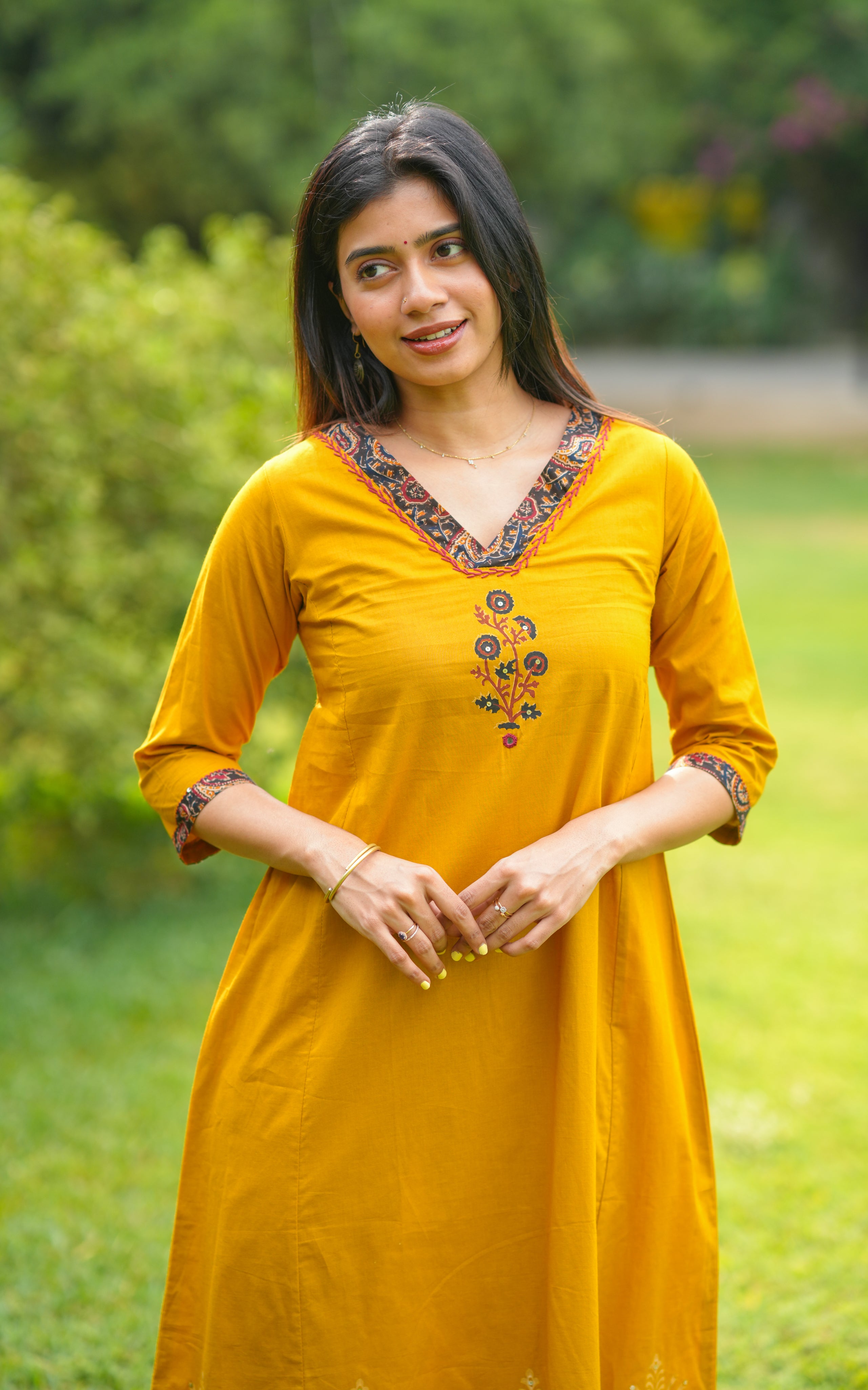 Mustard casual wear cotton kurti for women