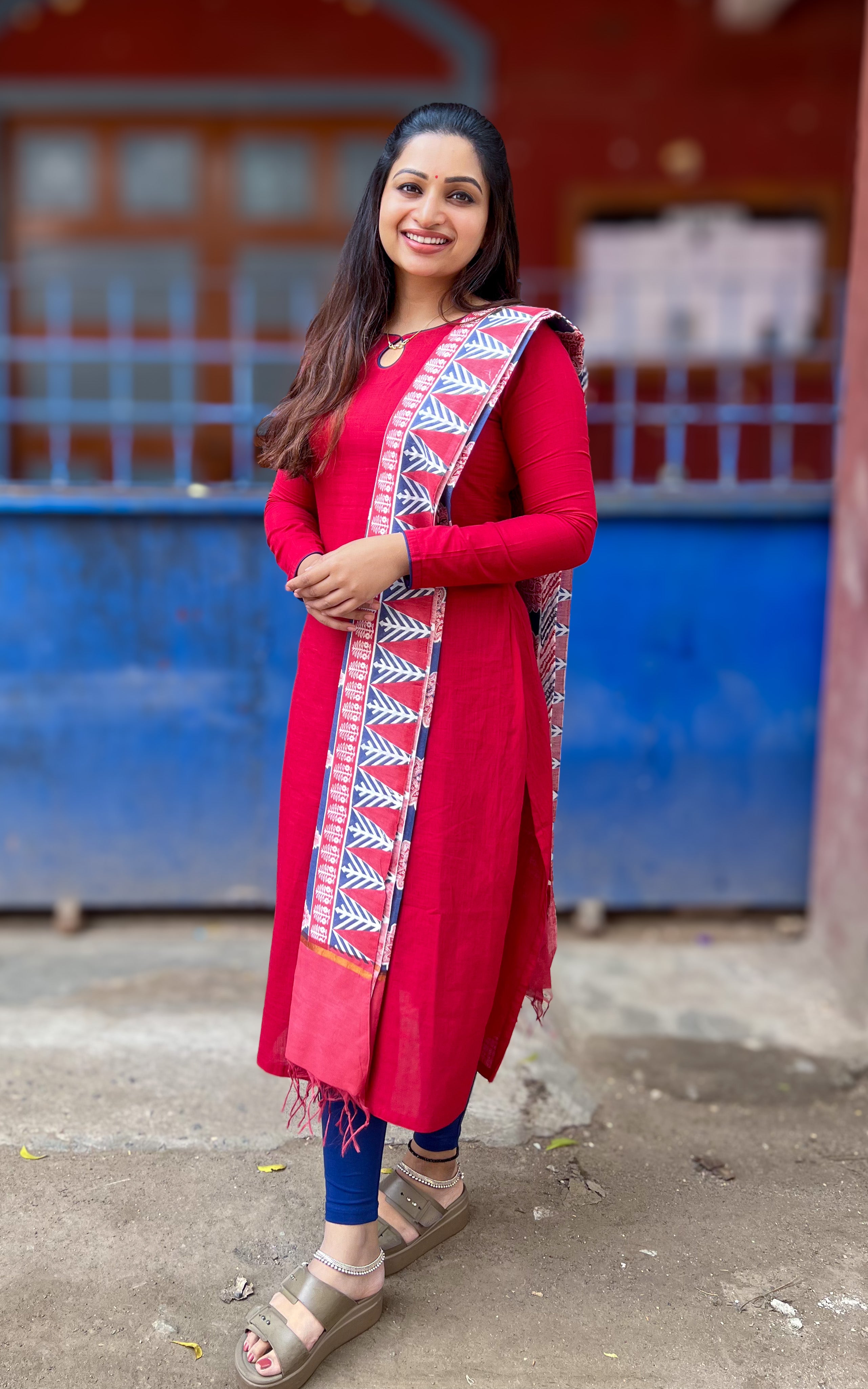 Red straight cut kurti for women