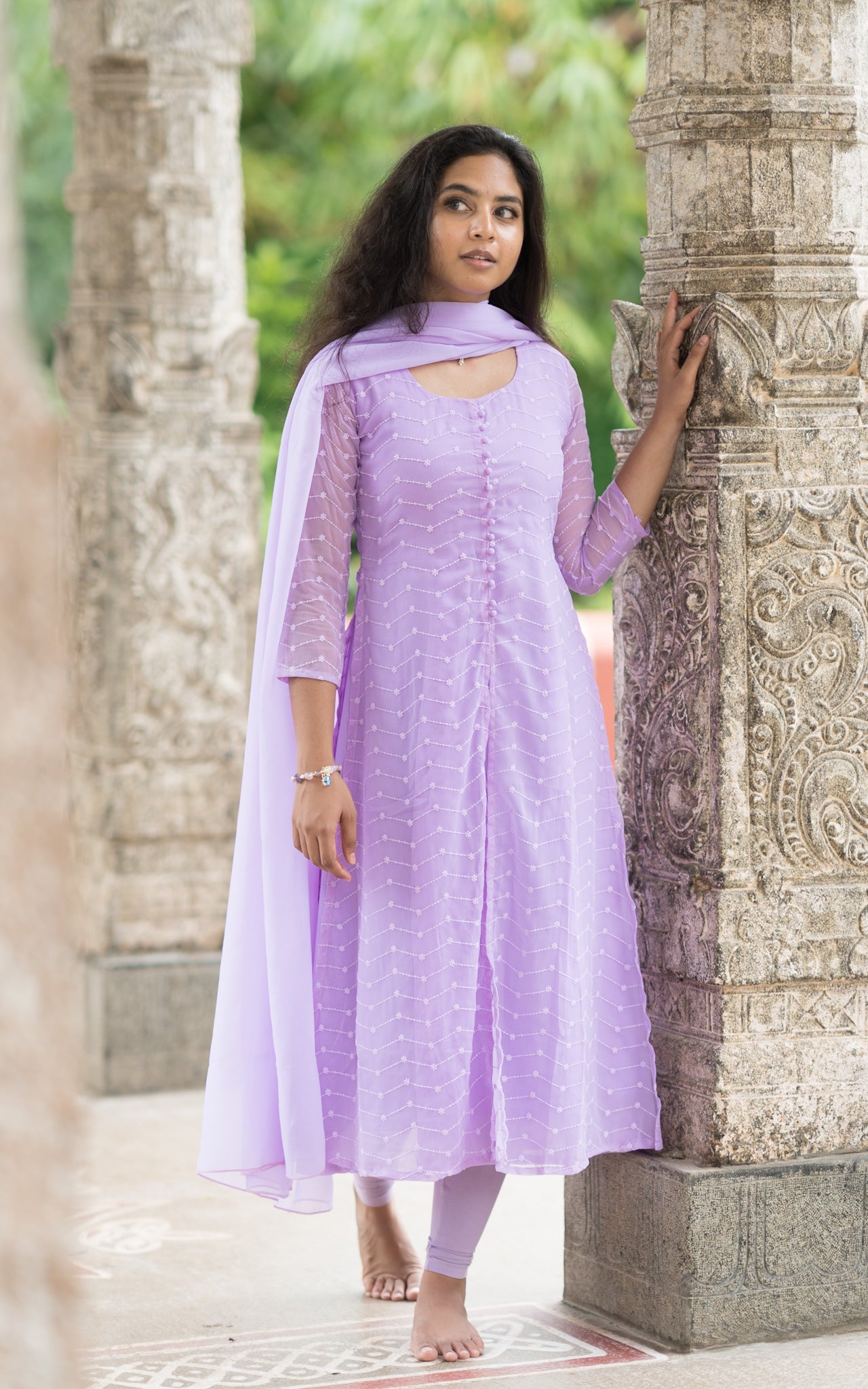 Lavender Anarkali suit with  embroidery, 3/4 sleeves, and chiffon dupatta, Kushi movie recreation dress