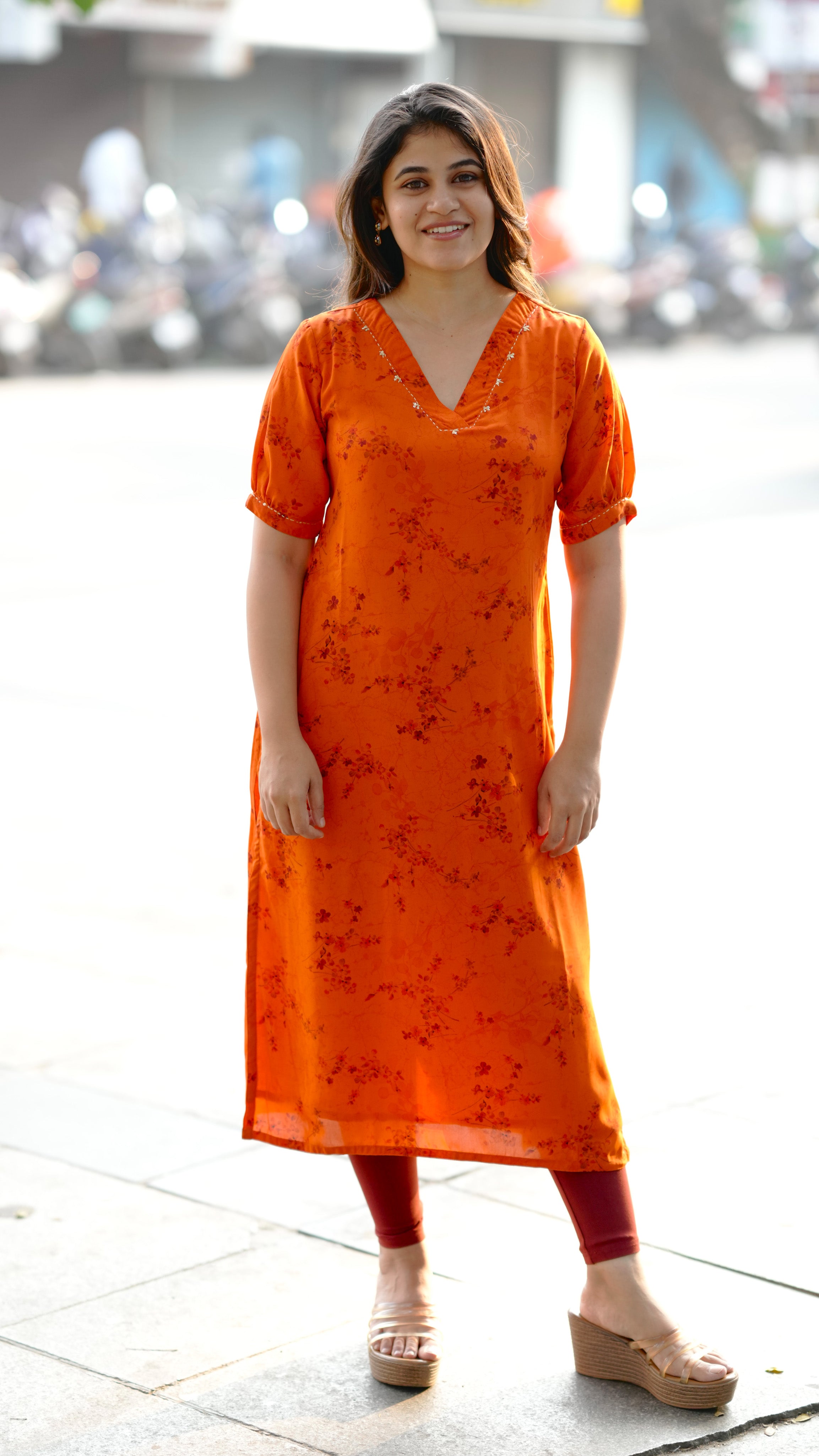 Side Slit Georgette Kurti with Neckline Embroidery for Women
Party Wear Orange Kurti for Women