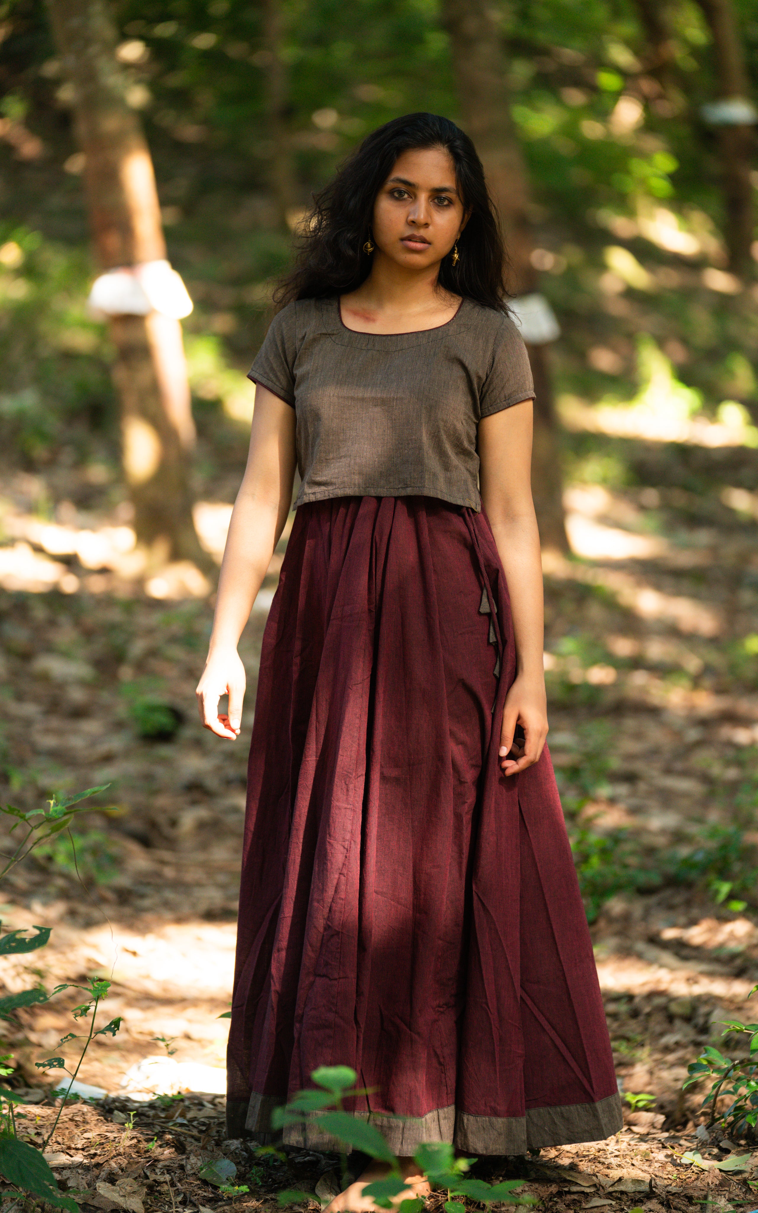 brown cotton blouse and maroon flared skirt, Raavanan inspired