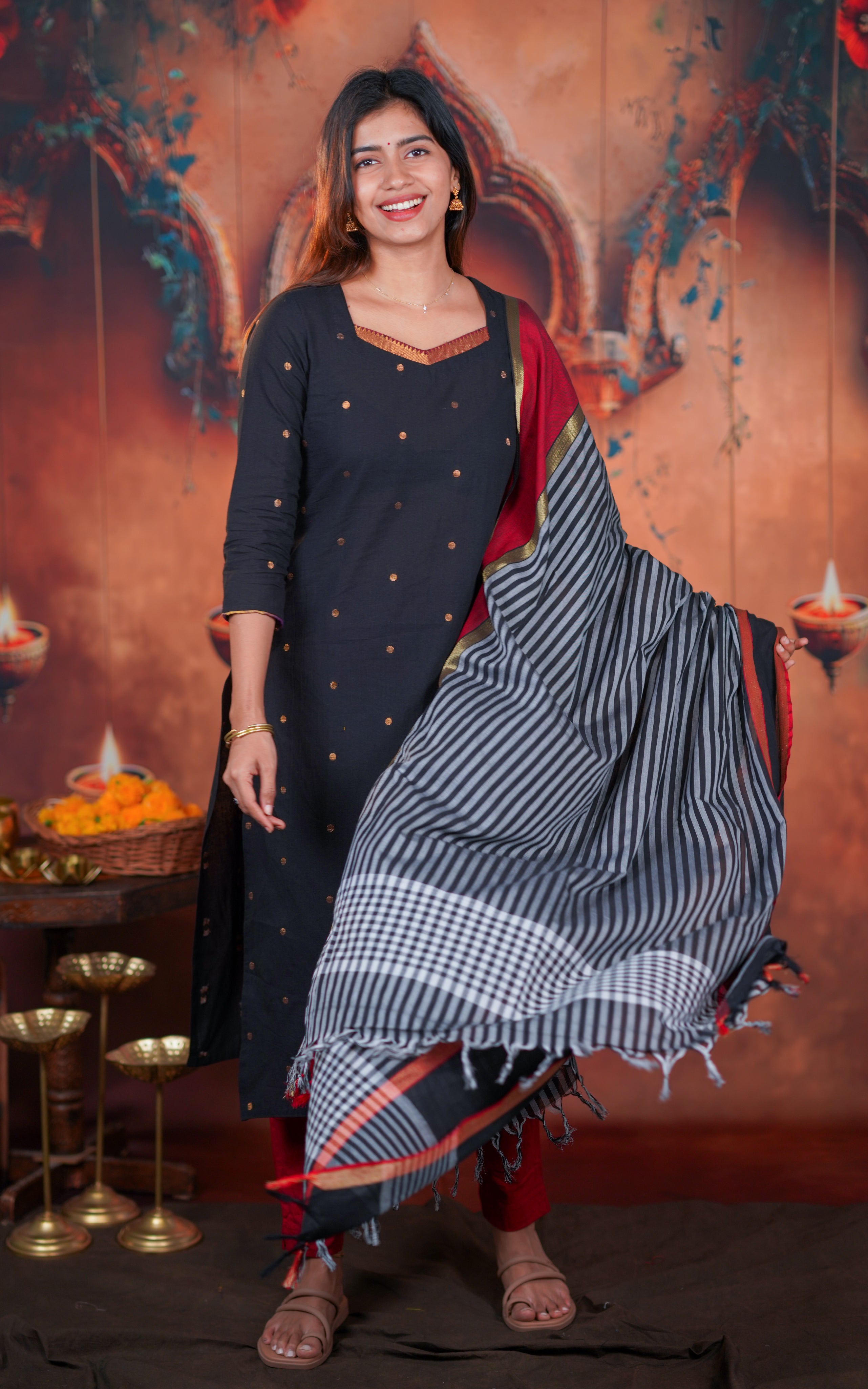 Black printed kurti,striped dupatta