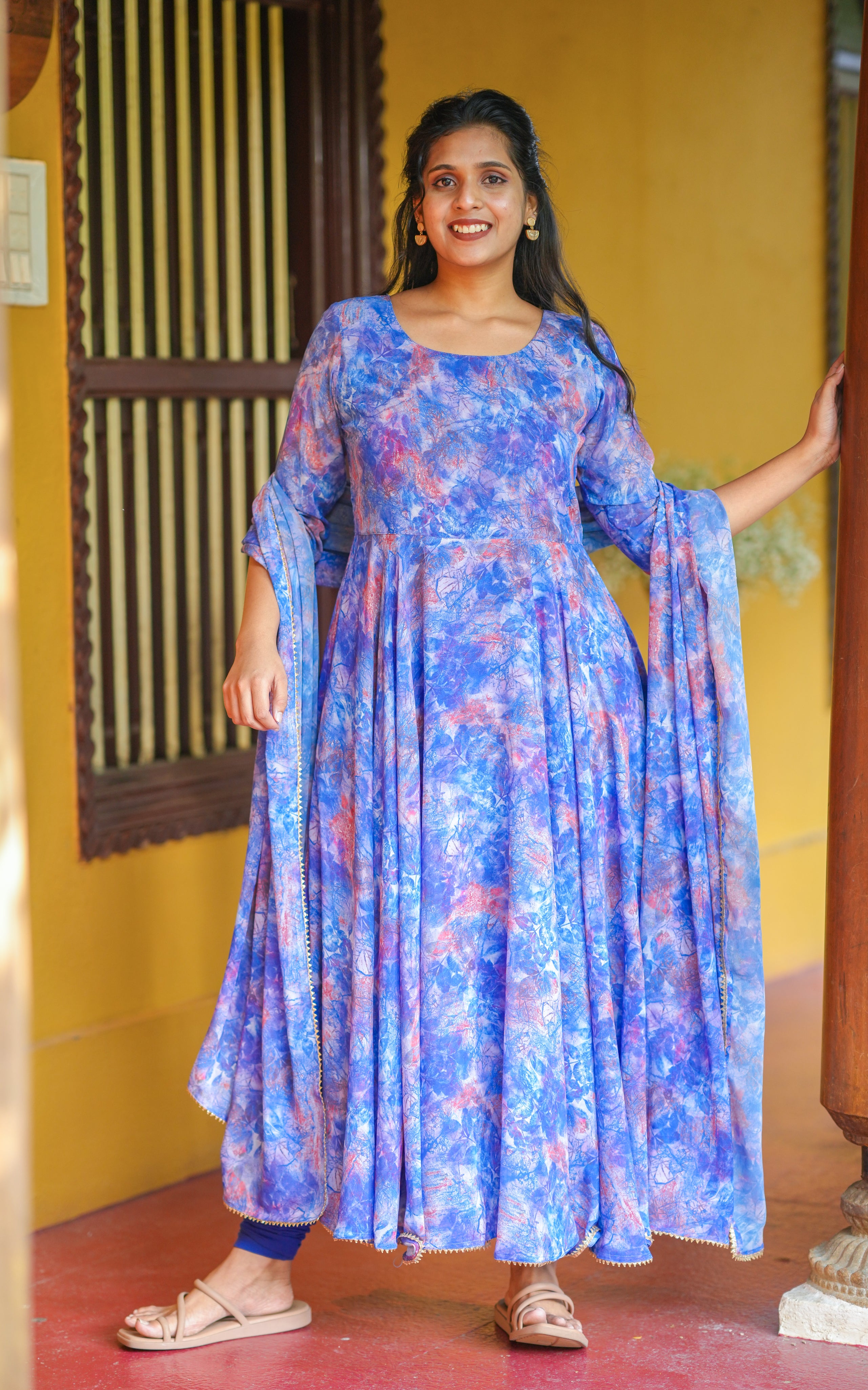 Instore - Blue Color Georgette Full Flared Anarkali with Dupatta with Butter Crepe Lining