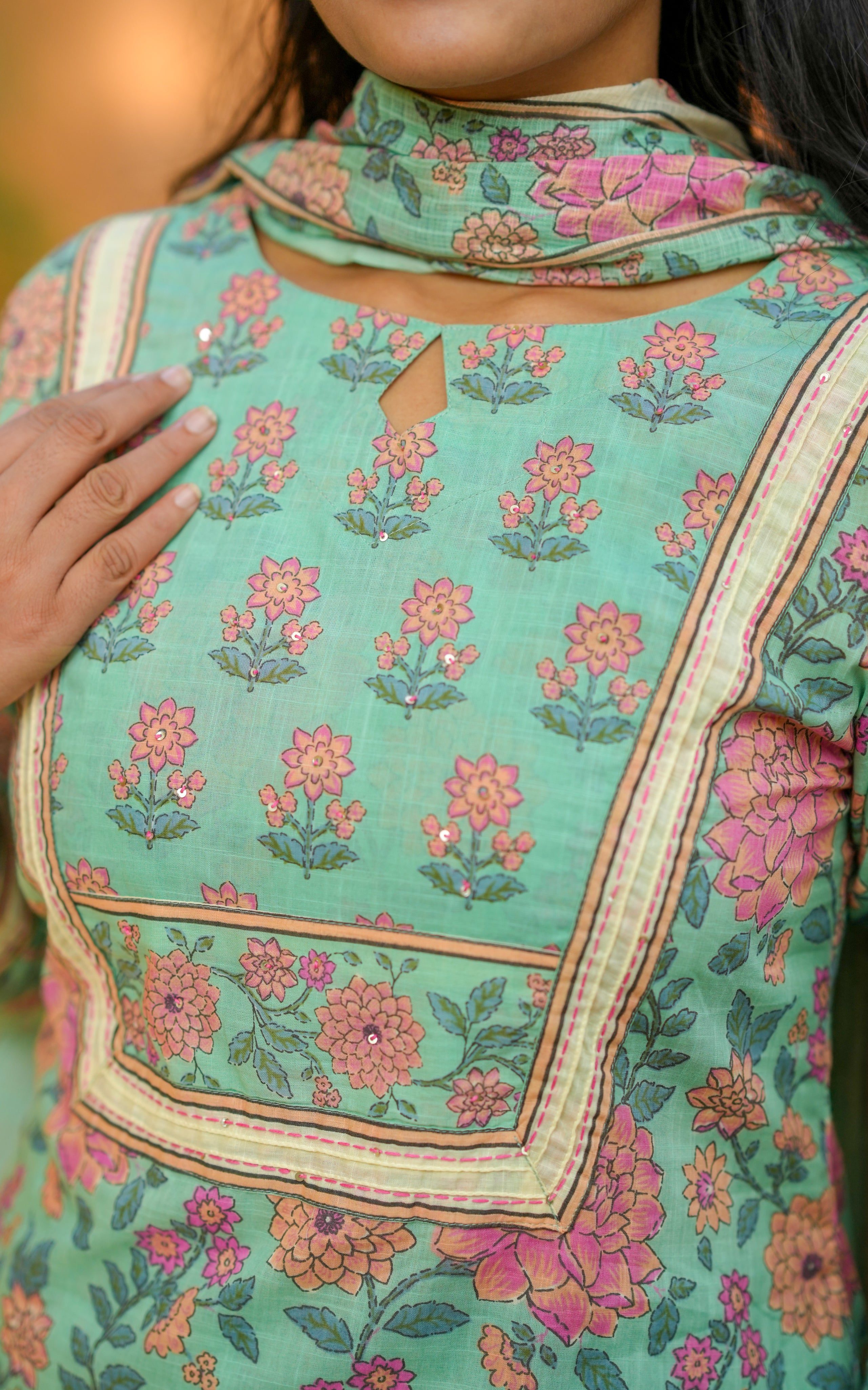 Green color cotton kurti sets