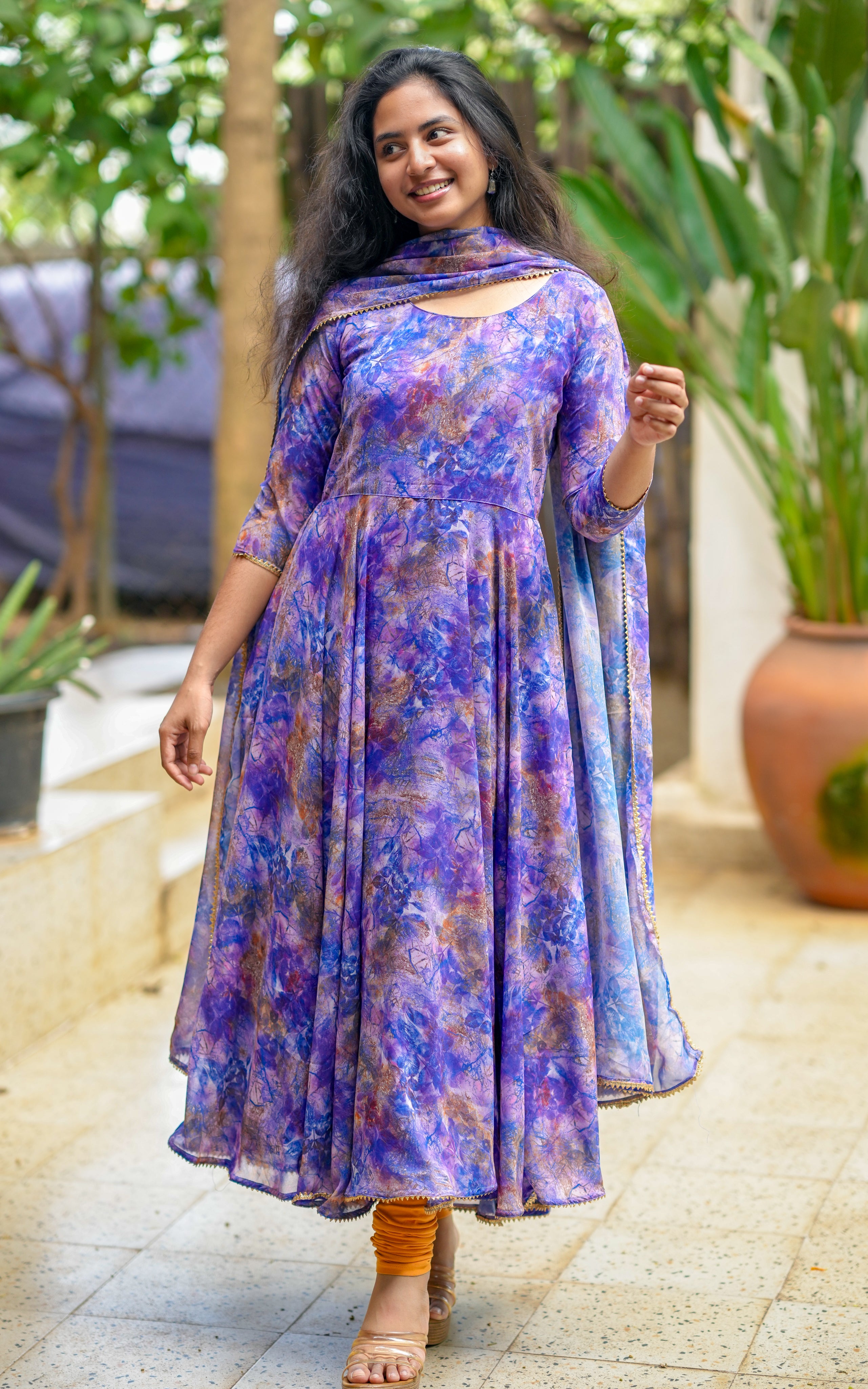 Instore - Purple & Blue Color Georgette Full Flared Anarkali with Dupatta with Butter Crepe Lining